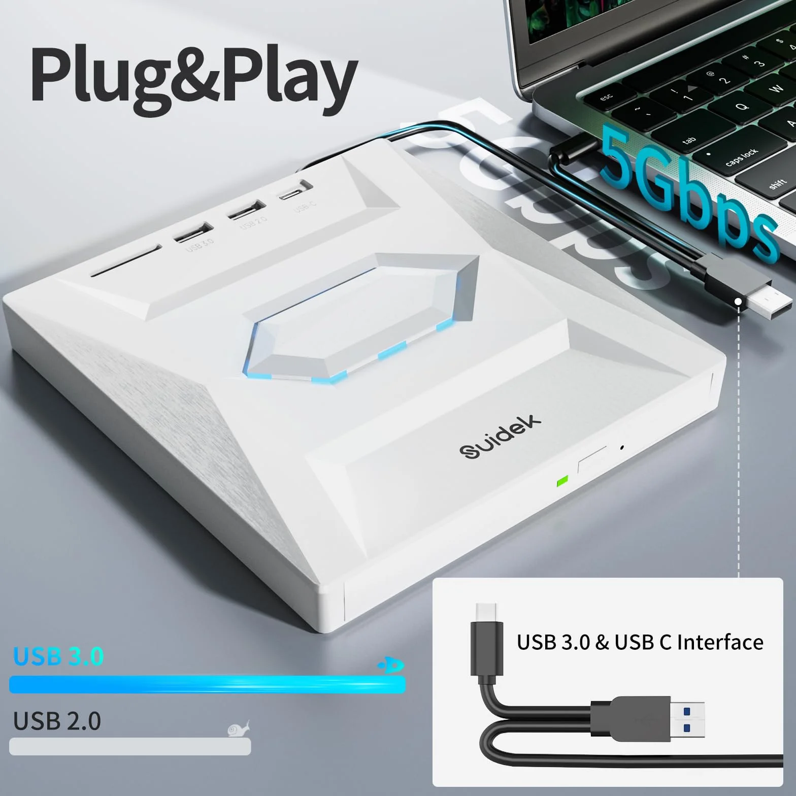 SUIDEK Zewnętrzny napęd CD DVD do laptopa, 5 w 1, ultra cienki, przenośny, USB-C CD+/-RW, odtwarzacz DVD do laptopa z czytnikiem kart SD, koncentrator USB 3.0 typu C, do komputerów stacjonarnych