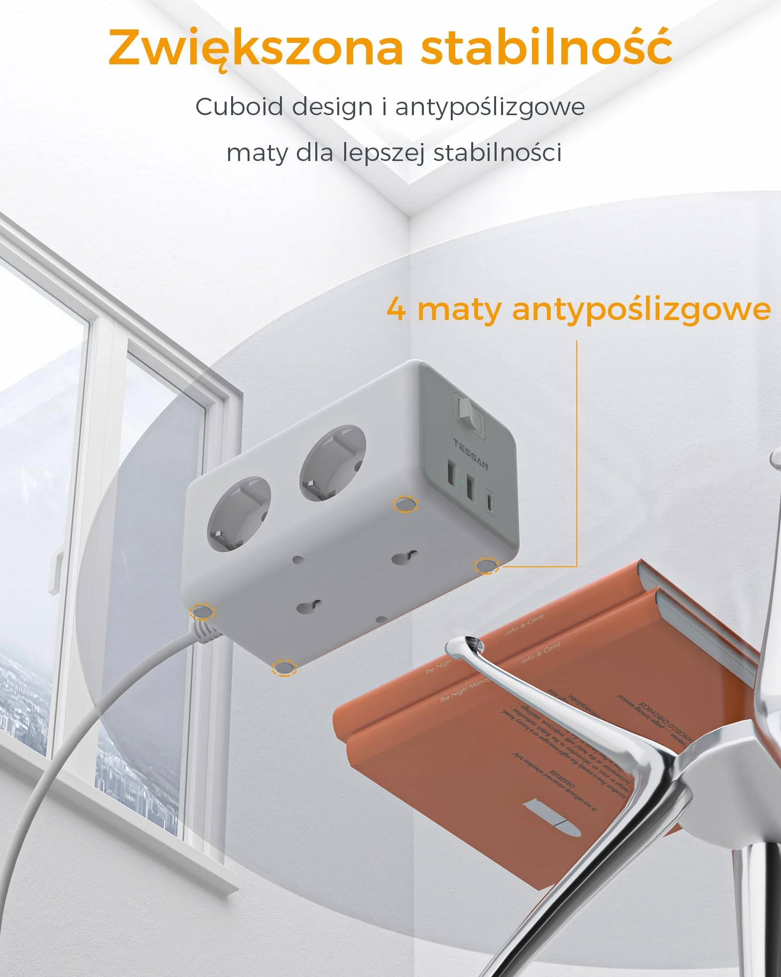 TESSAN Listwa zasilająca USB C, 9 w 1 przedluzacz elektryczny z 3 USB porty, listwy zasilające z wyłącznikami, przedłużacz elektryczny 2M, listwa USB do domu, biura, 3600W, szaro biały
