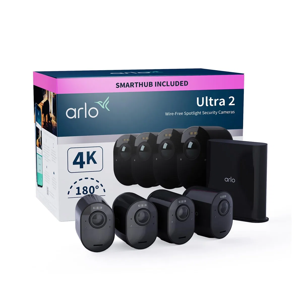 Arlo Ultra 2 4K IP zewnętrzna kamera monitorująca, zestaw 4 kamer | bezprzewodowa | z oświetleniem | tryb nocny w kolorze | czujnik ruchu | syrena | 3 msc. okresu testowego Arlo Secure