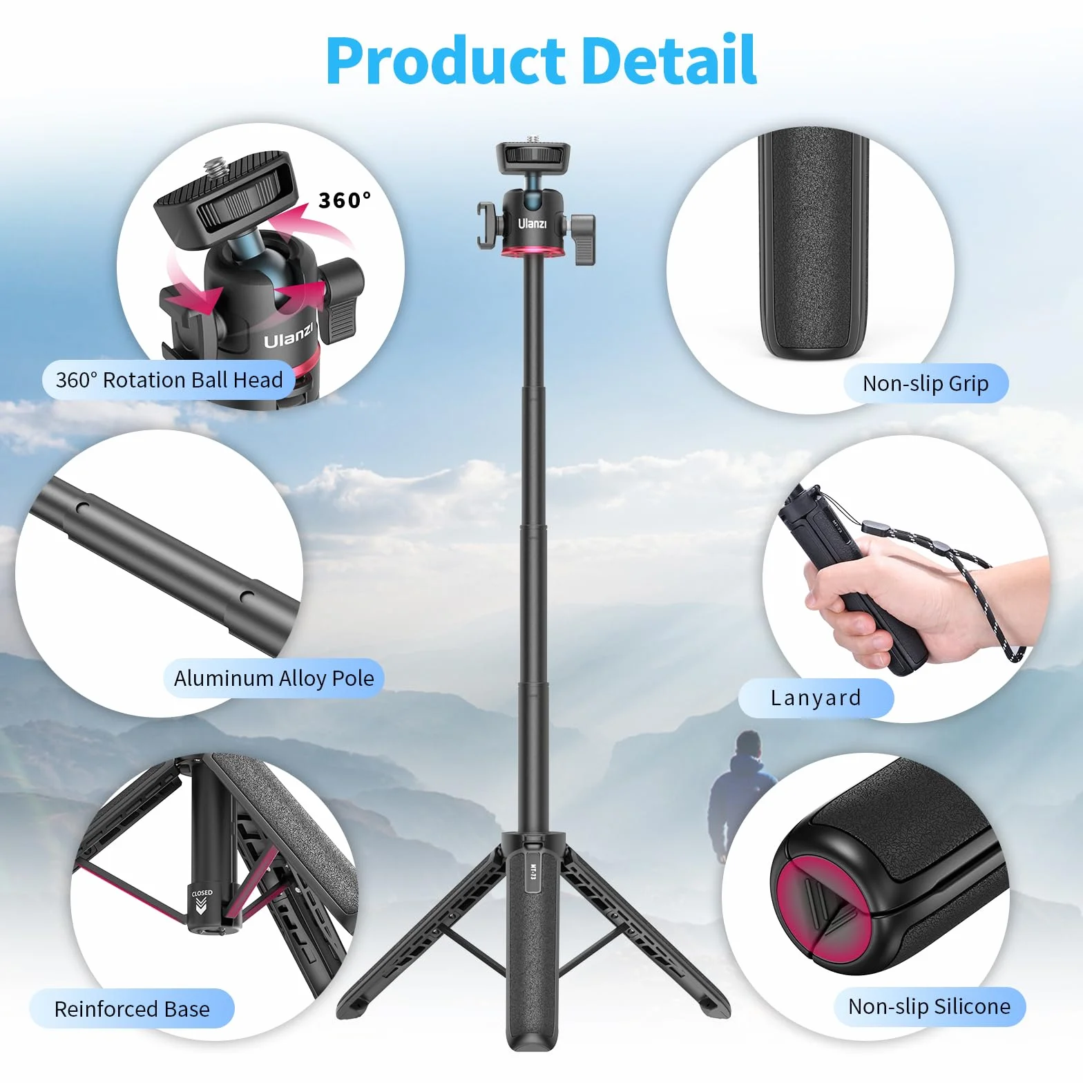 ULANZI MT-73 statyw do mini kamery 54 cm, ze śrubą 1/4", statyw podróżny, kieszonkowy tripod, kompatybilny z kompaktowymi kamerami