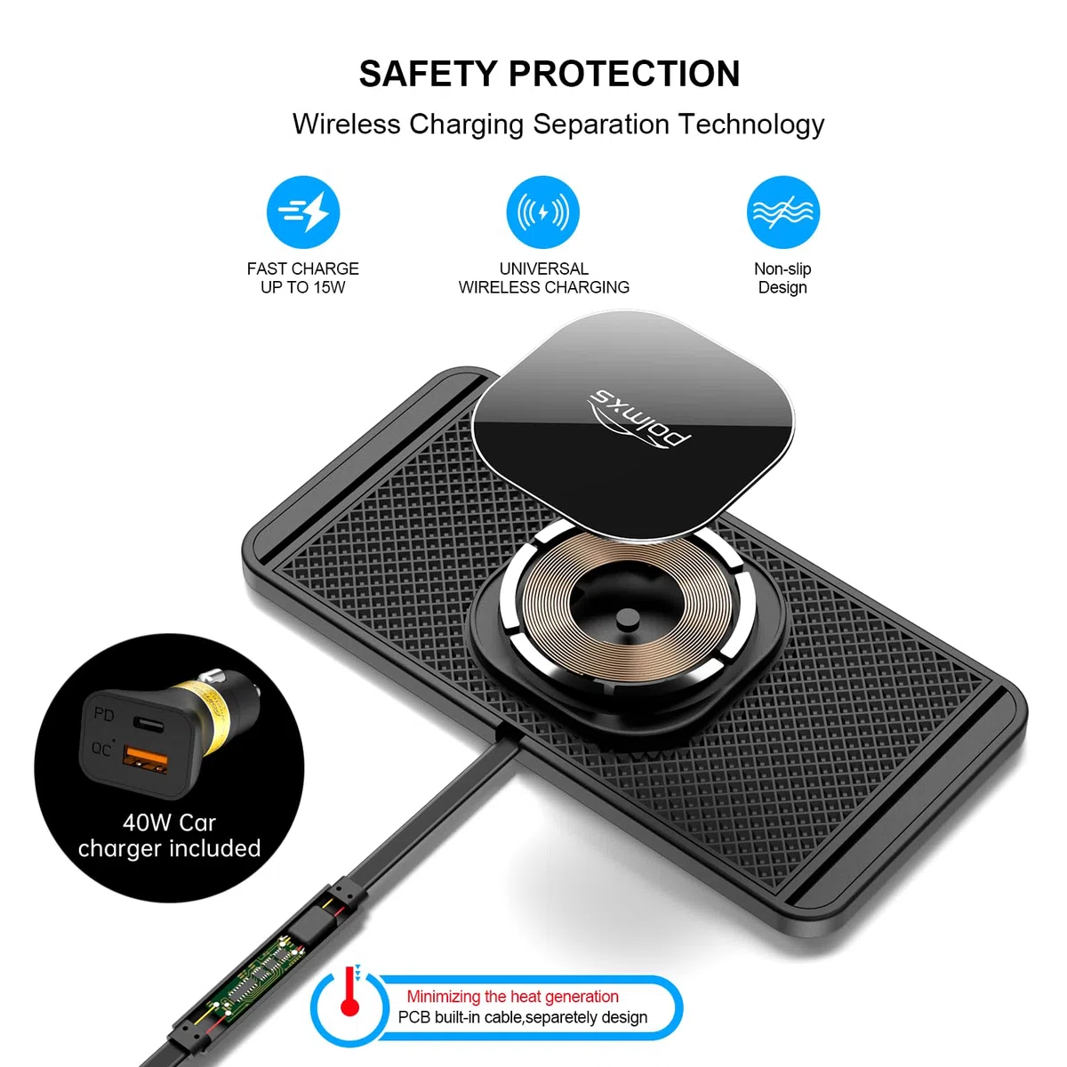 Polmxs Bezprzewodowa magnetyczna ładowarka samochodowa 15 W do bezprzewodowej ładowarki samochodowej Magsafe USB C antypoślizgowa do iPhone'a 15/14/13/12, Airpods (kabel 30 cm)