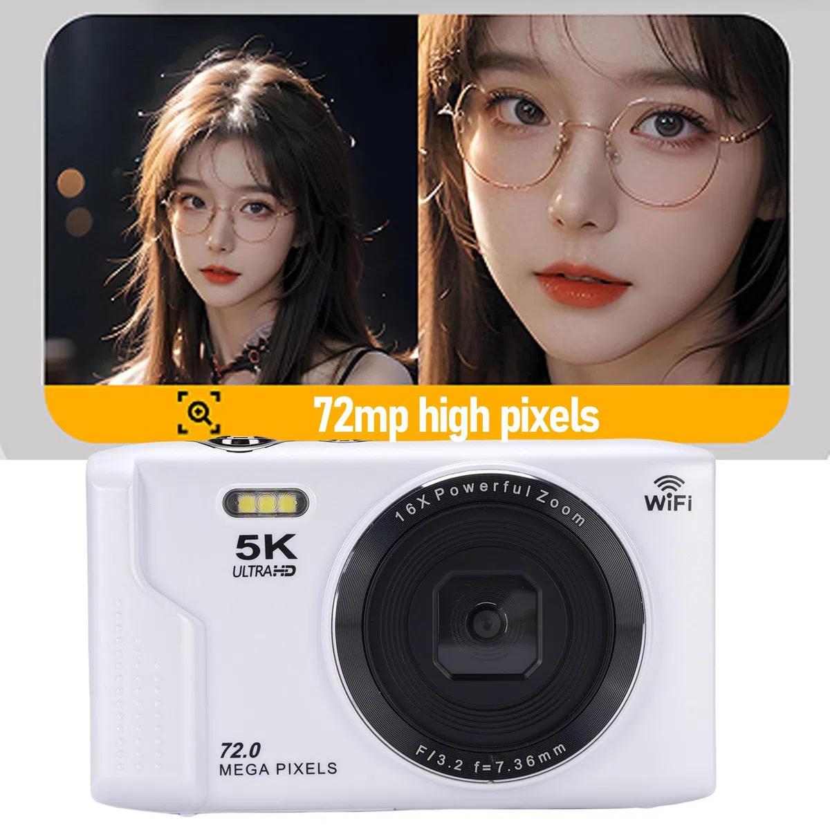 POENVFPO Aparat Cyfrowy 5K, 72 MP i 16-krotny Zoom Optyczny z WiFi 2,8-calowy Aparat LCD do Vlogowania z funkcją Automatycznego Ustawiania Ostrości do Fotografowania w Podróży (WHITE)