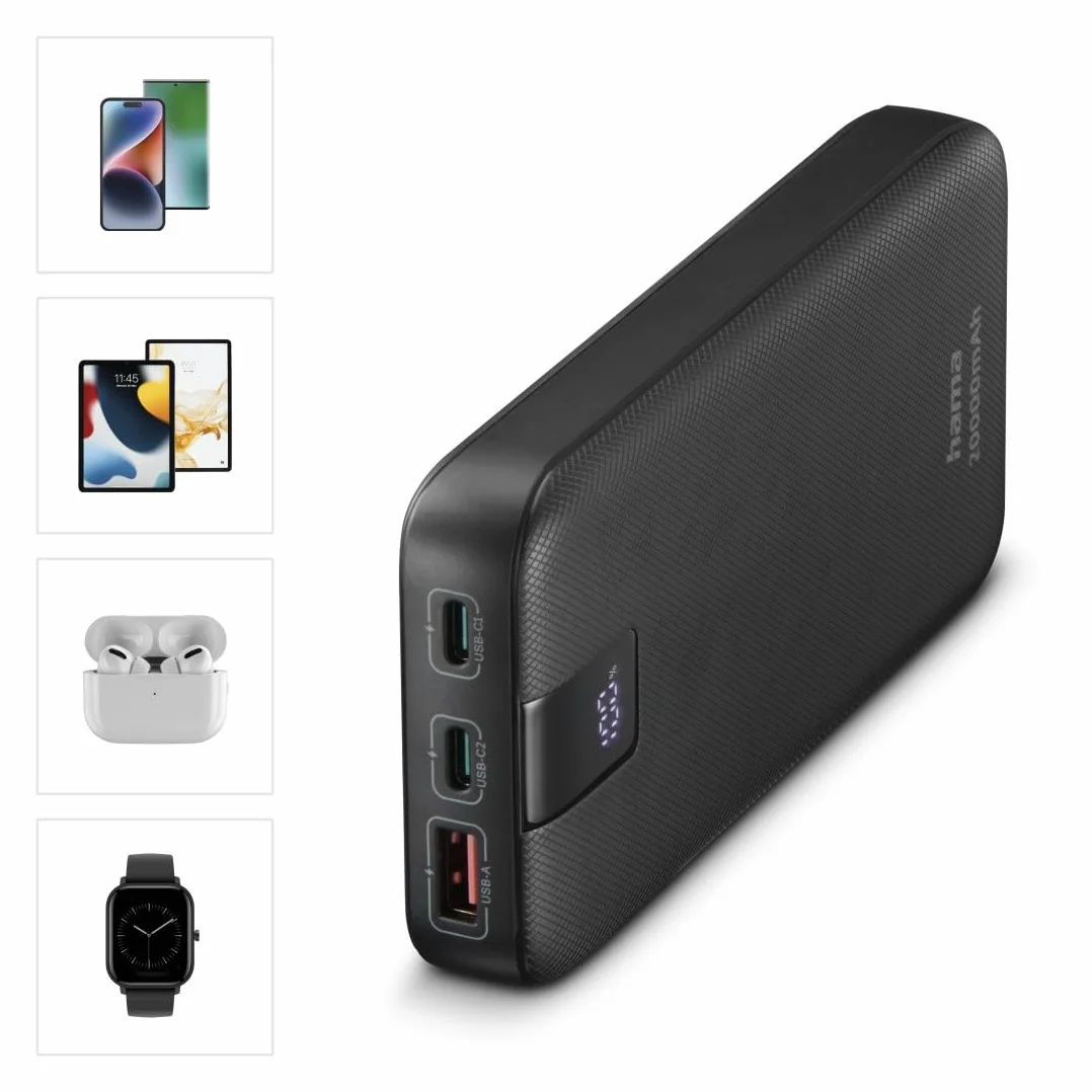 Hama Power Pack do ładowania telefonu 20000 mAh (powerbank, szybkie ładowanie, 2 x USB C, USB C, pojemny, lekki, ładowarka, Power Delivery, Qualcoom Quick Charge, Fast charge) antracyt