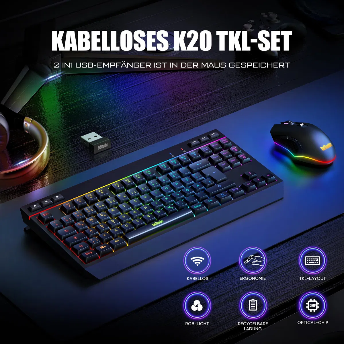 RedThunder Zestaw 75% bezprzewodowej klawiatury i myszy, QWERTZ 94 klawisze TKL, RGB, ładowalna klawiatura radiowa z klawiszami funkcyjnymi multimedialnymi, mysz optyczna 7D do PC Xbox PS5, biura