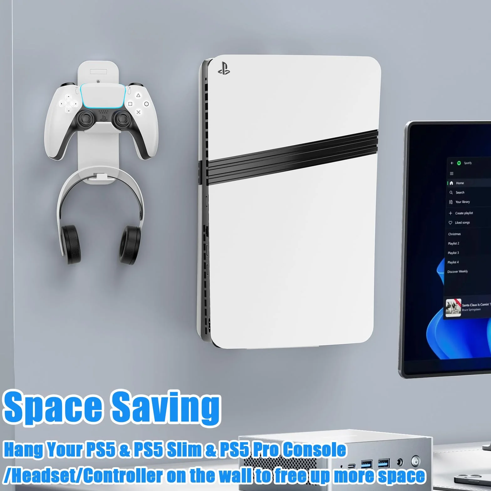 PS5 Montaż ścienny, uchwyt ścienny do PS5 Slim i Pro Steel Playstation 5 uchwyt ścienny z uchwytem kontrolnym i wieszakiem na słuchawki, śruby, gąbka (biały)