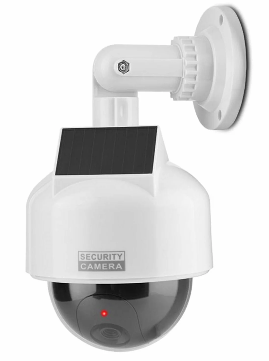 O&W Security Dummy Speed-Dome Solar atrapa kamery – z obiektywem i czerwoną migającą diodą LED (IRlook), wodoszczelna, 360° uchwyt ścienny/sufitowy, czujnik LED, do użytku wewnątrz i na zewnątrz, 2 x