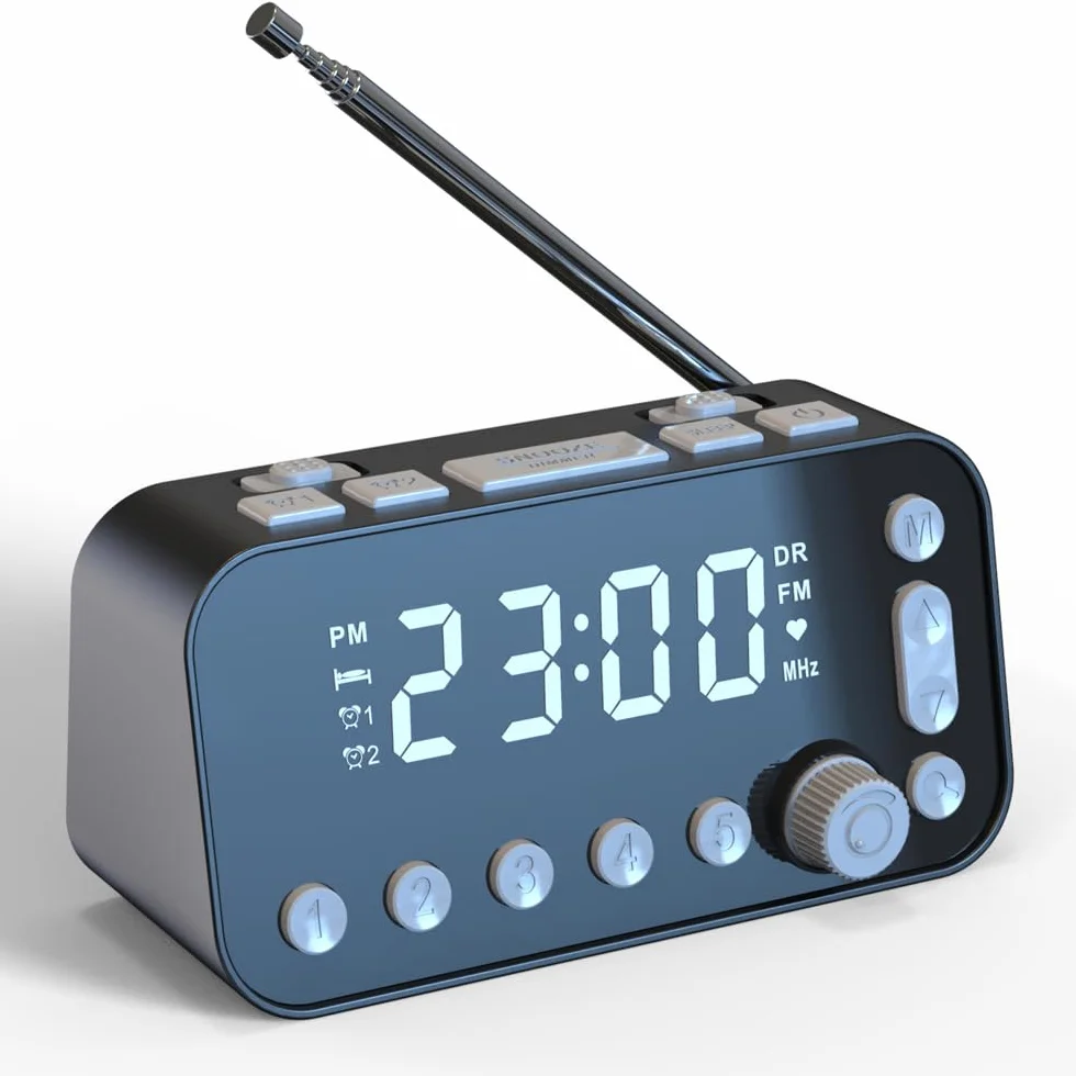 Radio Cyfrowy budzik Duży wyświetlacz LED 3,5 cala zasilany bateriami Regulowana głośność Radio Zegar FM/Dab z dwoma portami USB Podświetlany wyłącznik czasowy