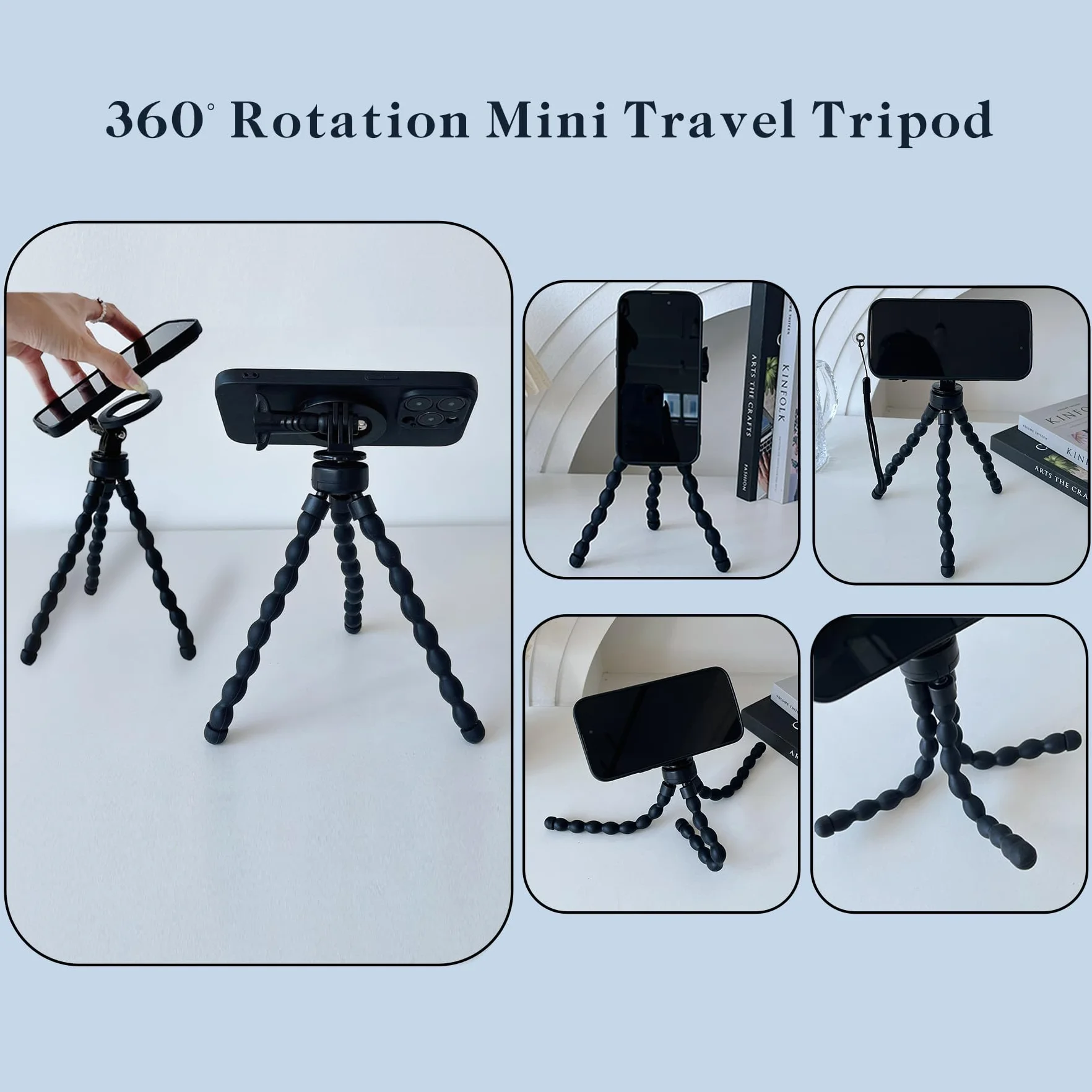Ysnzaq Octopus statyw do telefonu komórkowego, magnetyczny, elastyczny uchwyt na telefon komórkowy Tripod do smartfona i aparatu, 360° mini uchwyt na statyw z adapterem Go Pro, do iPhone, Galaxy