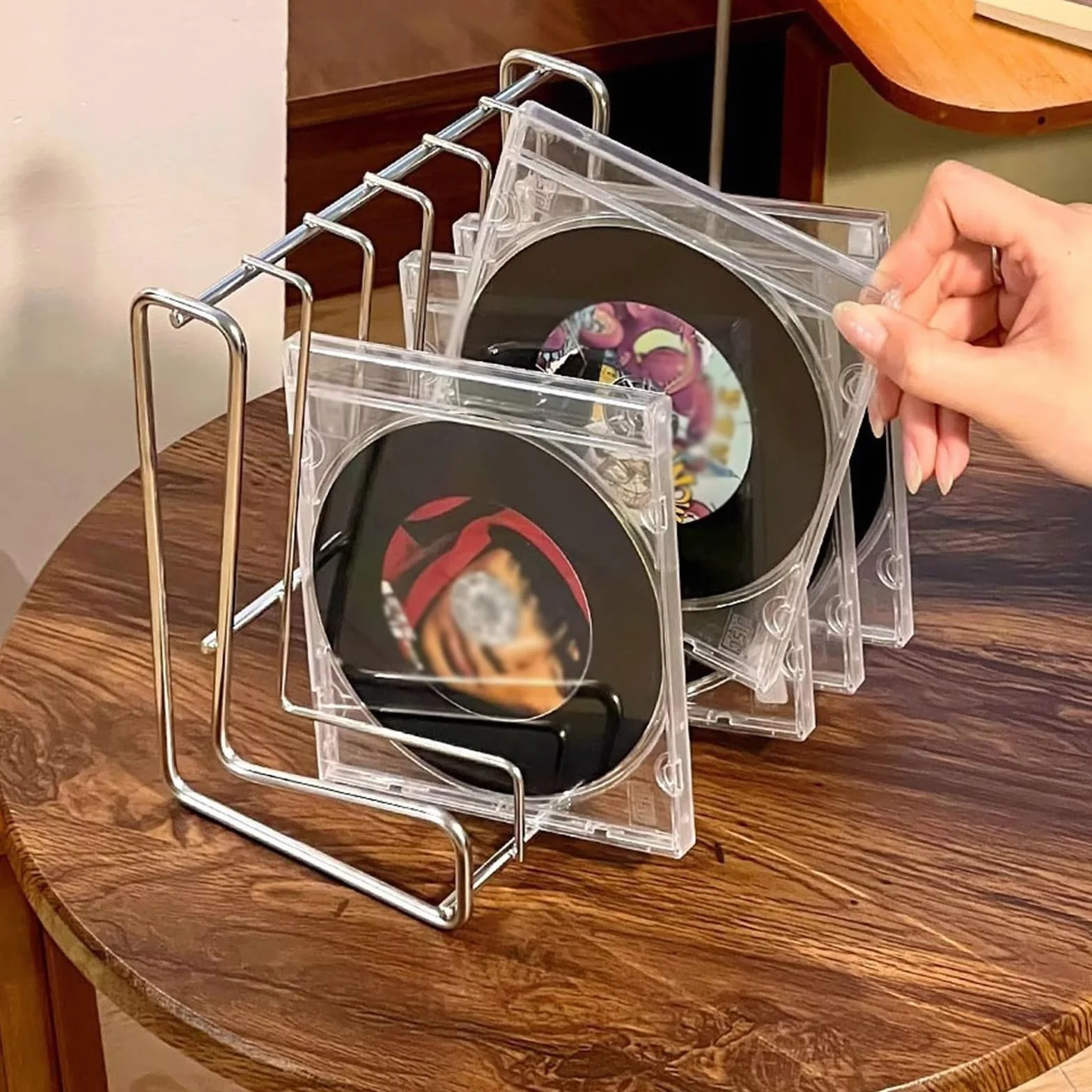 Stojak na płyty Mały, minimalistyczny stojak na płyty CD ze stali nierdzewnej do biura i biurko
