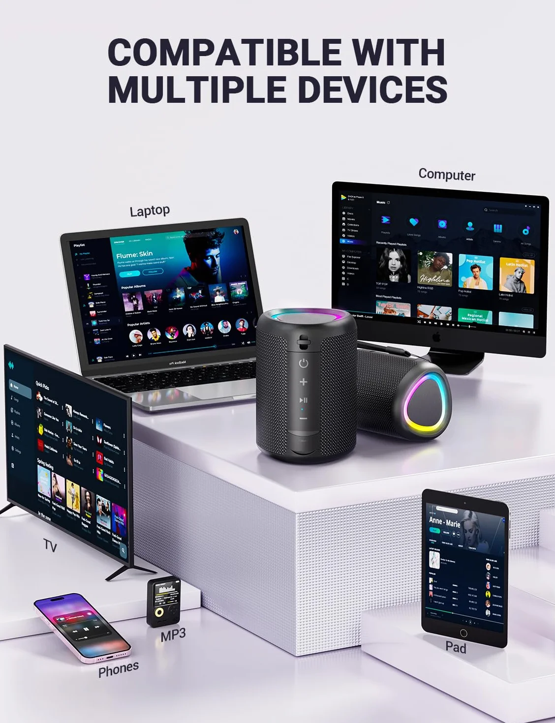 UOHHBOE Przenośny głośnik 15W Bluetooth bezprzewodowy BT5, 3 mocne głośniki z oświetleniem TWS 2500mAh 30m Odległość IPX5 AUX TF Card Wieczory Imprezy Plener Podróże