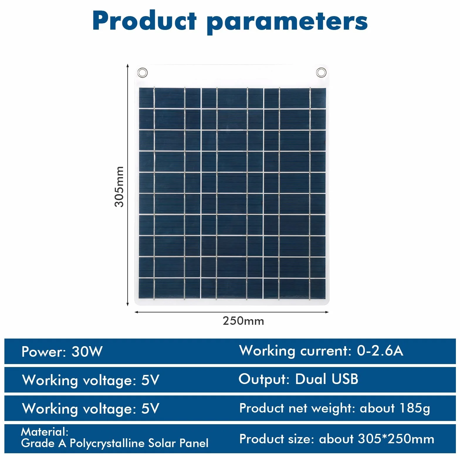 Jadeshay Panel słoneczny, ładowarka solarna 30 W 5 V z 2 portami USB, polikrystaliczny silikon, wodoodporna, przenośna moc na kemping, wspinaczkę, wędrówki, podróż, kompatybilna ze smartfonami i
