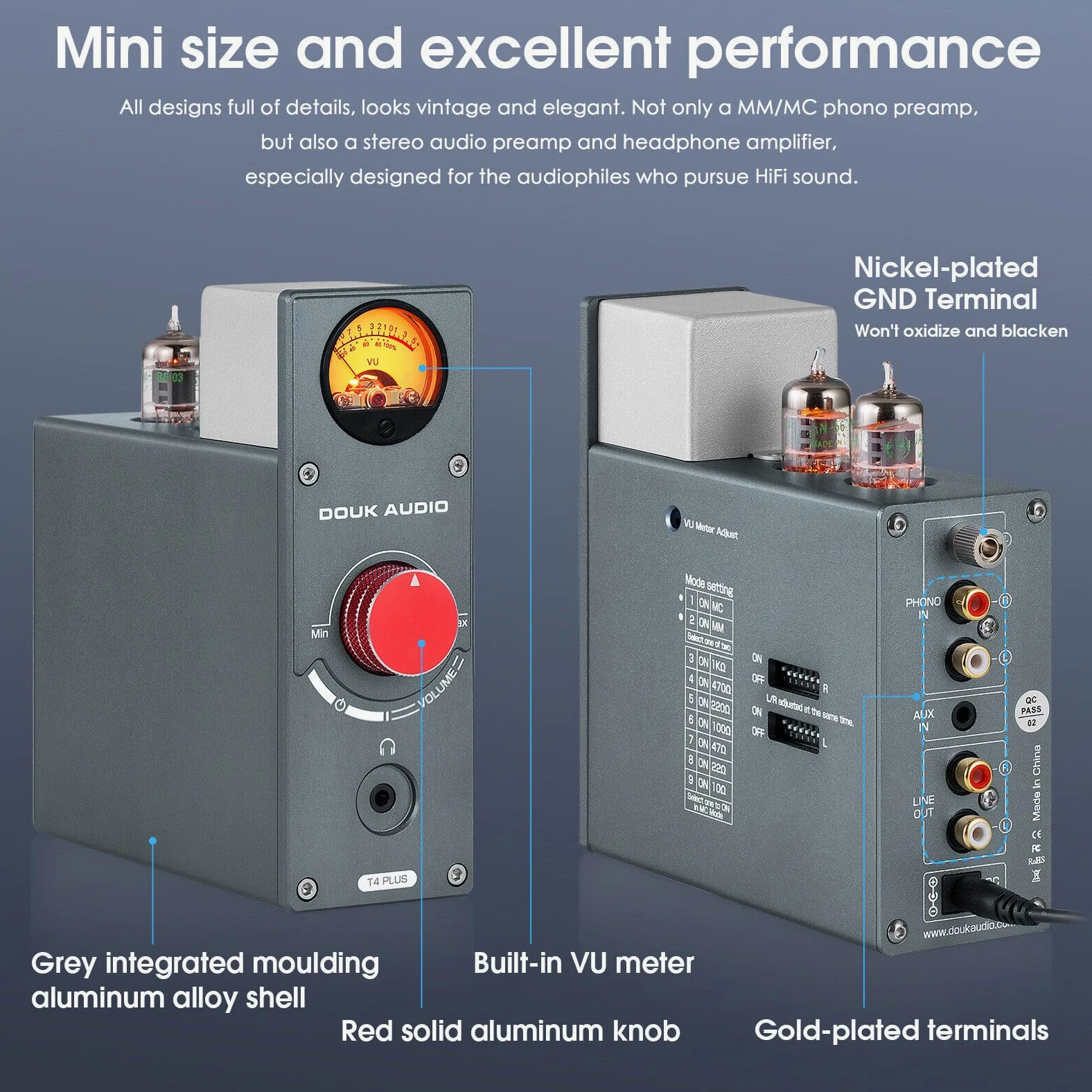 Douk Audio T4 PLUS HiFi JAN5654 przedwzmacniacz lampowy MM/MC przedwzmacniacz gramofonowy do gramofonu mini przedwzmacniacz stereo wzmacniacz słuchawkowy z miernikiem VU przedwzmacniacz lampowy