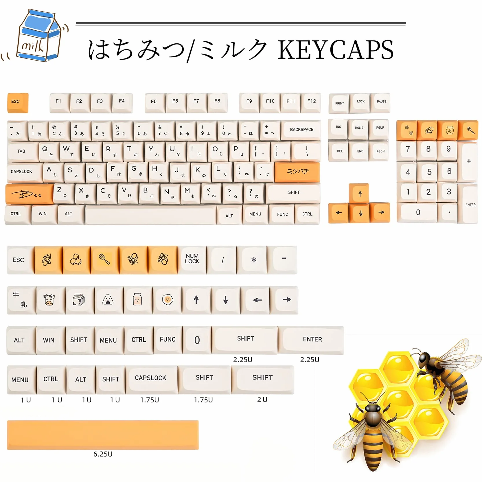 GTSP XDA Honey Milk Keycaps PBT Japanese Bee keycap 140-Key Set for Cherry MX Covers Fullsize 60% 65% 75% Keyboard（XDA/Honey Milk）