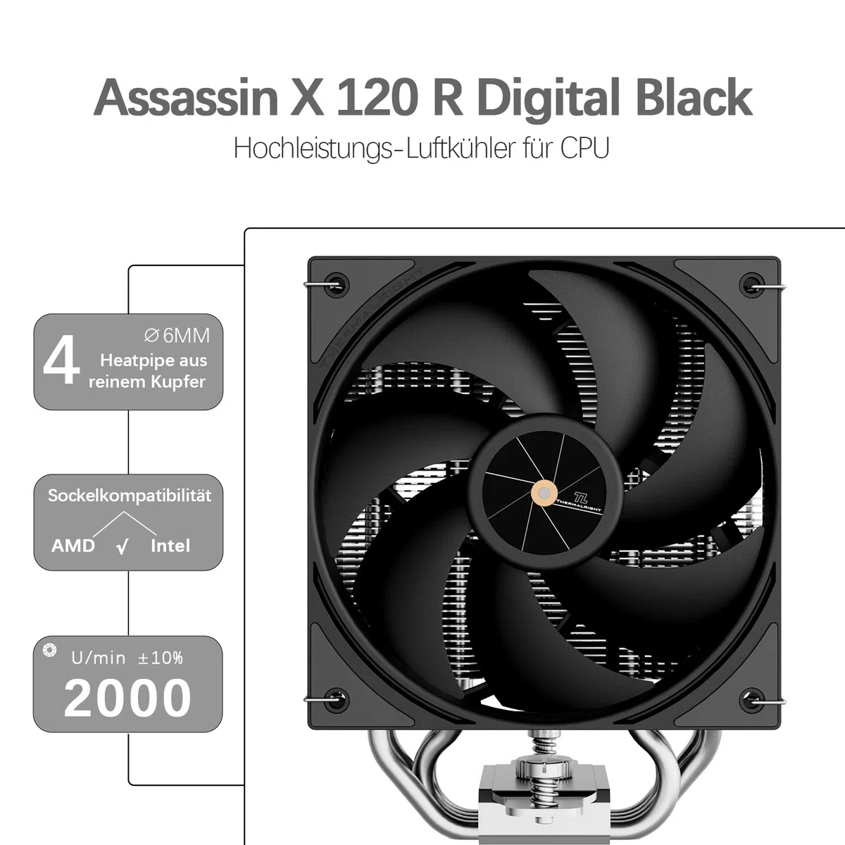 TR-Thermalright Assassin X 120 cyfrowy czarny wentylator CPU, rura grzewcza 4 x 6 mm, wentylator CPU 120 mm, 2000 obr./min, Digital Display Board Top Cover, do AM5/AM4, Intel lga1851/1700, czarny