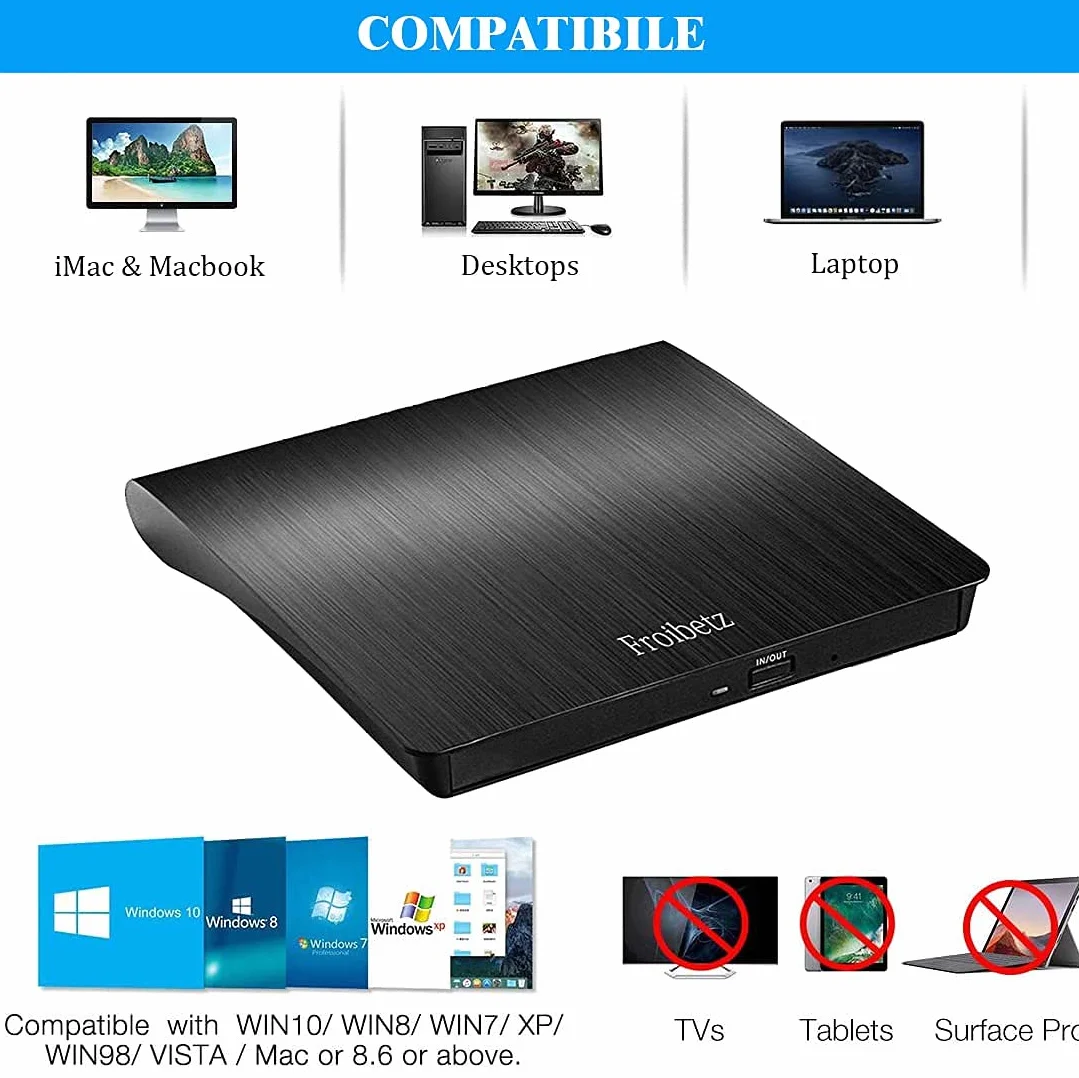 Zewnętrzna nagrywarka DVD CD CD CD USB 3.0 DVD-R CD-RW przenośny czytnik kart Ultra Slim zewnętrzny dysk z systemem Mac/OS/XP/Win10/Win7/Win8 (czarny)