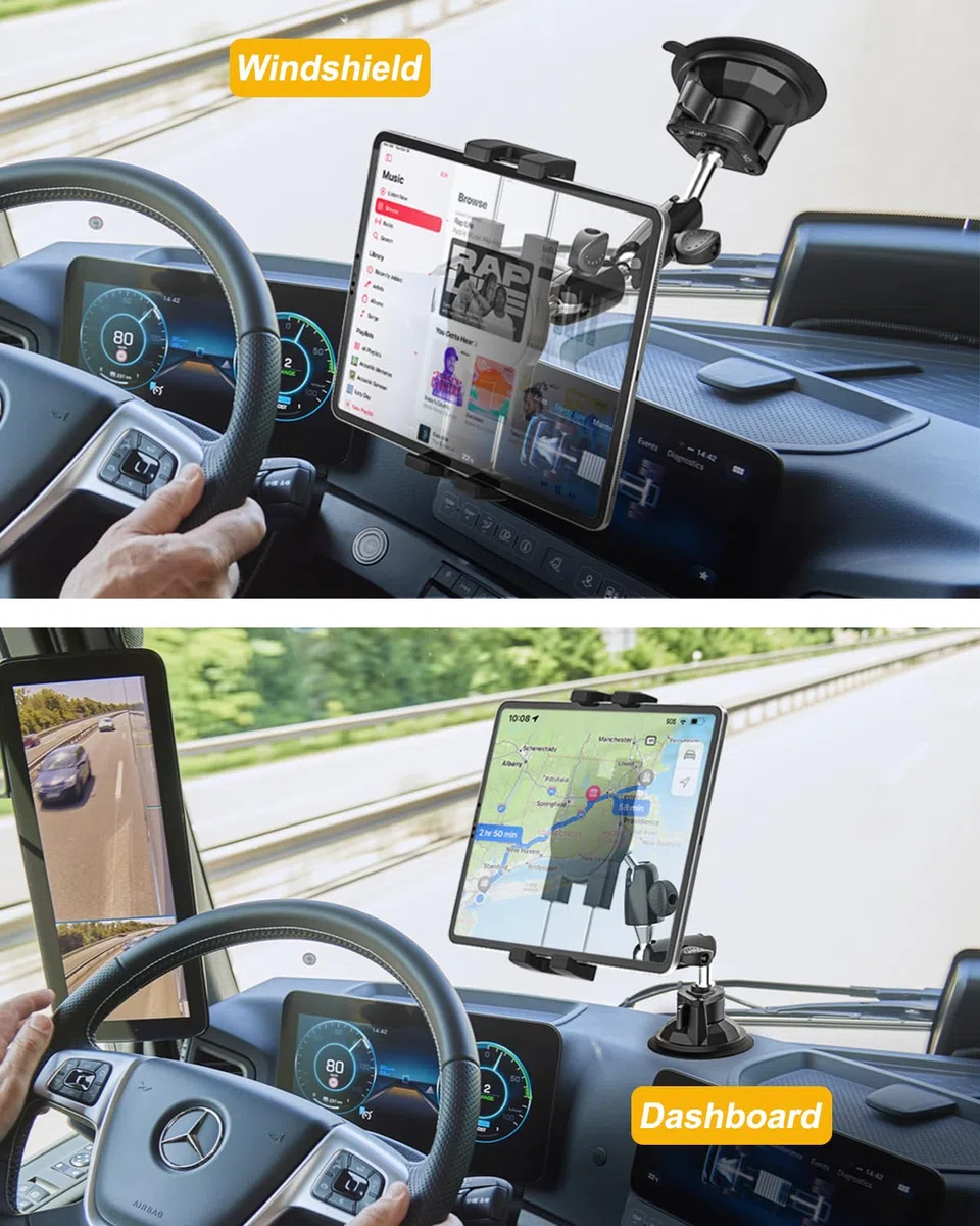 Uchwyt na tablet samochodowy mocna przyssawka, uchwyt na tablet deska rozdzielcza przednia szyba ciężarówka [regulowane i wytrzymałe ramię] do iPada, Galaxy Tab, Lenovo, telefonów i tabletów