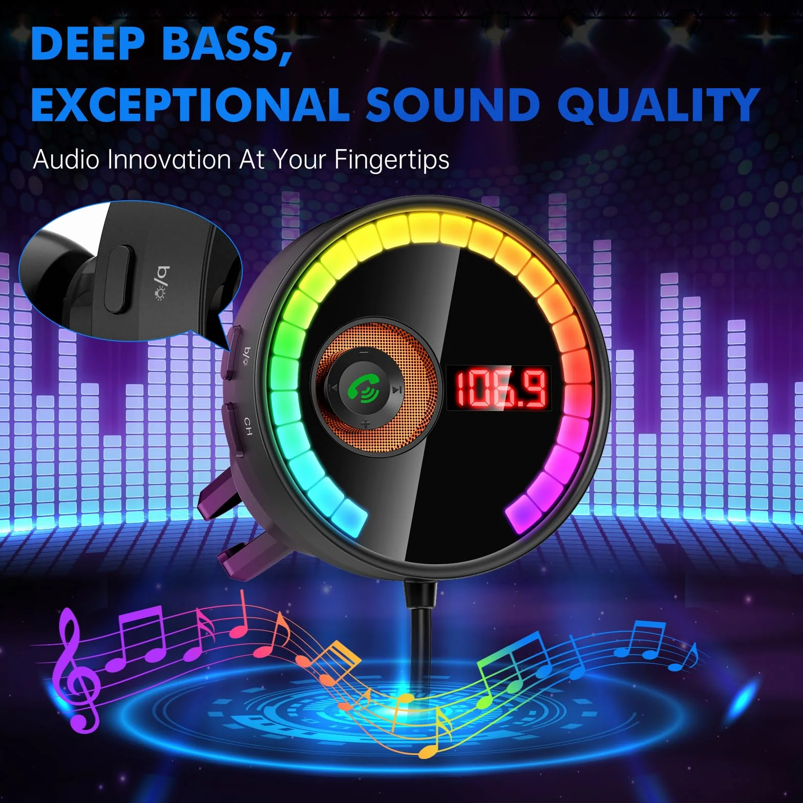 Samochodowy adapter Bluetooth 5.4 FM Nadajnik LED Radio Odtwarzacz Muzyczny Głośnomówiący czarny