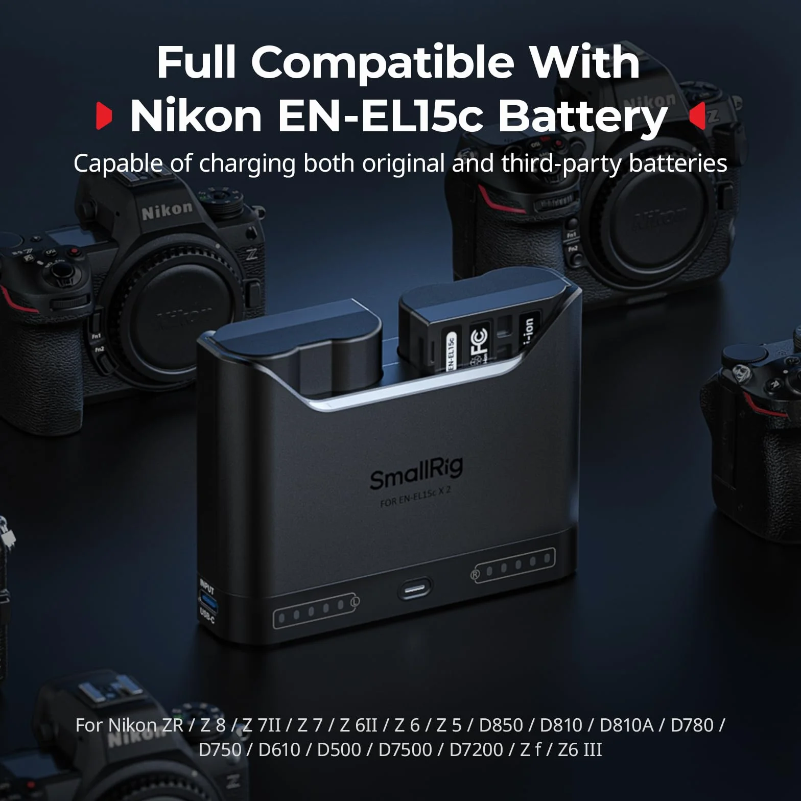 SMALLRIG Ładowarka akumulatorów EN-EL15c do Nikon, 2-godzinna, dwie ładowarki, USB-C 22,5W, kompatybilna ZR, Z6III, Zf, Z8, Z7II, Z7, Z6II, Z6, D850, D810