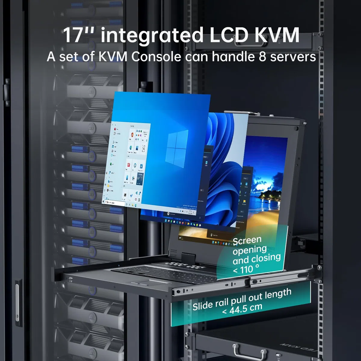 MT-VIKI 17-calowy monitor LCD Rackmount KVM Monitor Switch 8 portów KVM VGA ze zintegrowaną konsolą do szafy 1U 600-800 mm szafy, touchpada, szuflady, Hotkey OSD z 4 x 1,5 m + 4 x 1,8 m kablami 1280 x