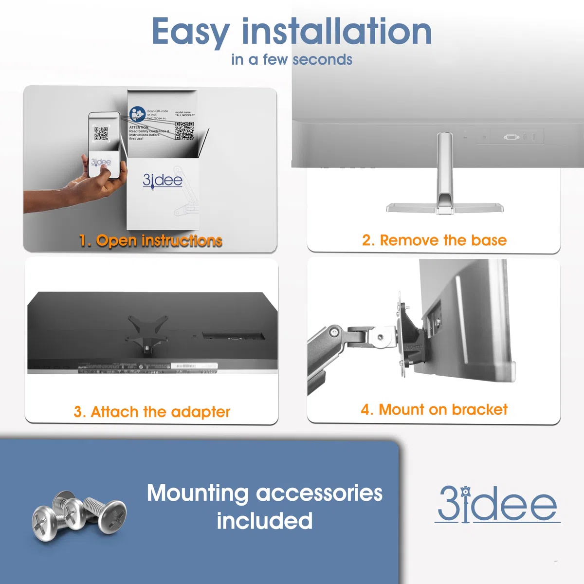 3IDEE Adapter VESA do monitorów HP (M22f, M24f, M24fw, M24fd, M27f, M27fw, M27fq, M27fd, M32f, M32fw) - Adapter do montażu monitora 75x75 mm - do monitorów bez złącza VESA