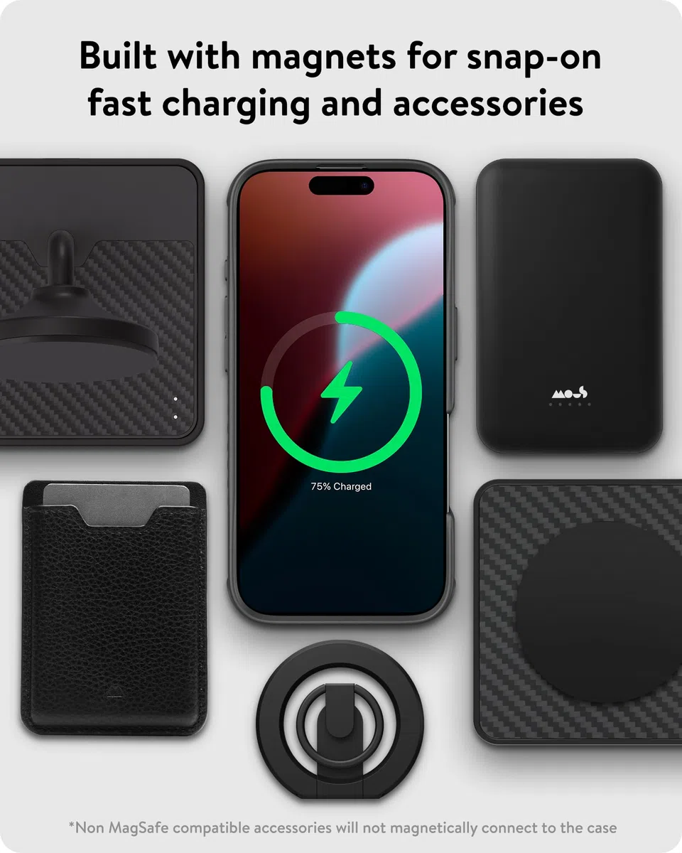 Mous Etui do iPhone'a 16 Pro MagSafe kompatybilne z przyciskiem sterowania kamerą - Limitless 6.0 - nakrapiana czarna tkanina - ochronne, odporne na wstrząsy etui na telefon