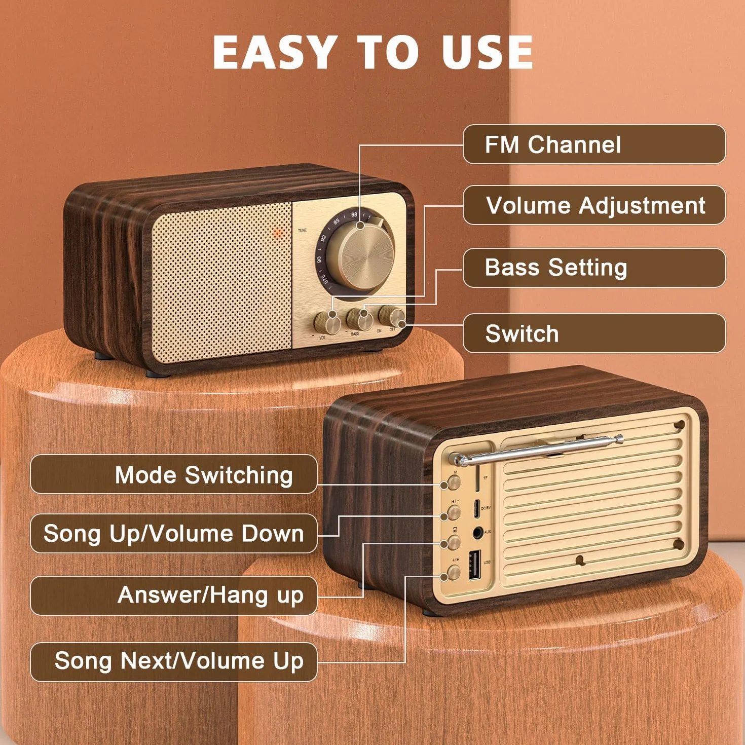 Radio Retro Nostalgiczne z Bluetooth 2000 mAh Głośnik Basowy 5W AUX USB