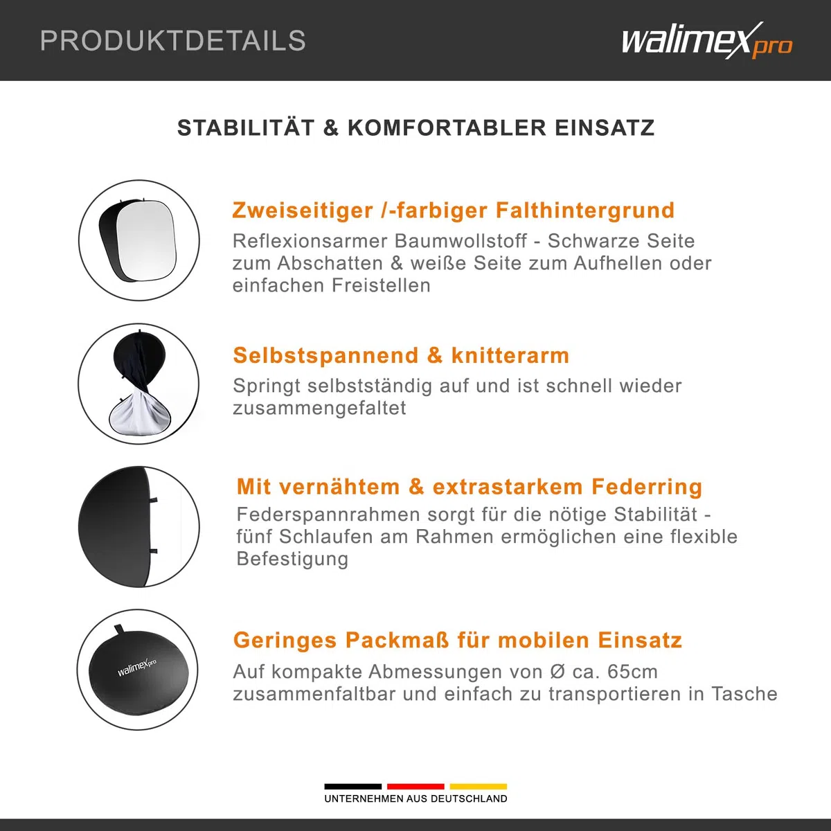 Walimex pro Składane tło 2 w 1 (bawełna o niskiej odbijania, w zestawie praktyczna torba transportowa, 150 x 200 cm) czarno-białe