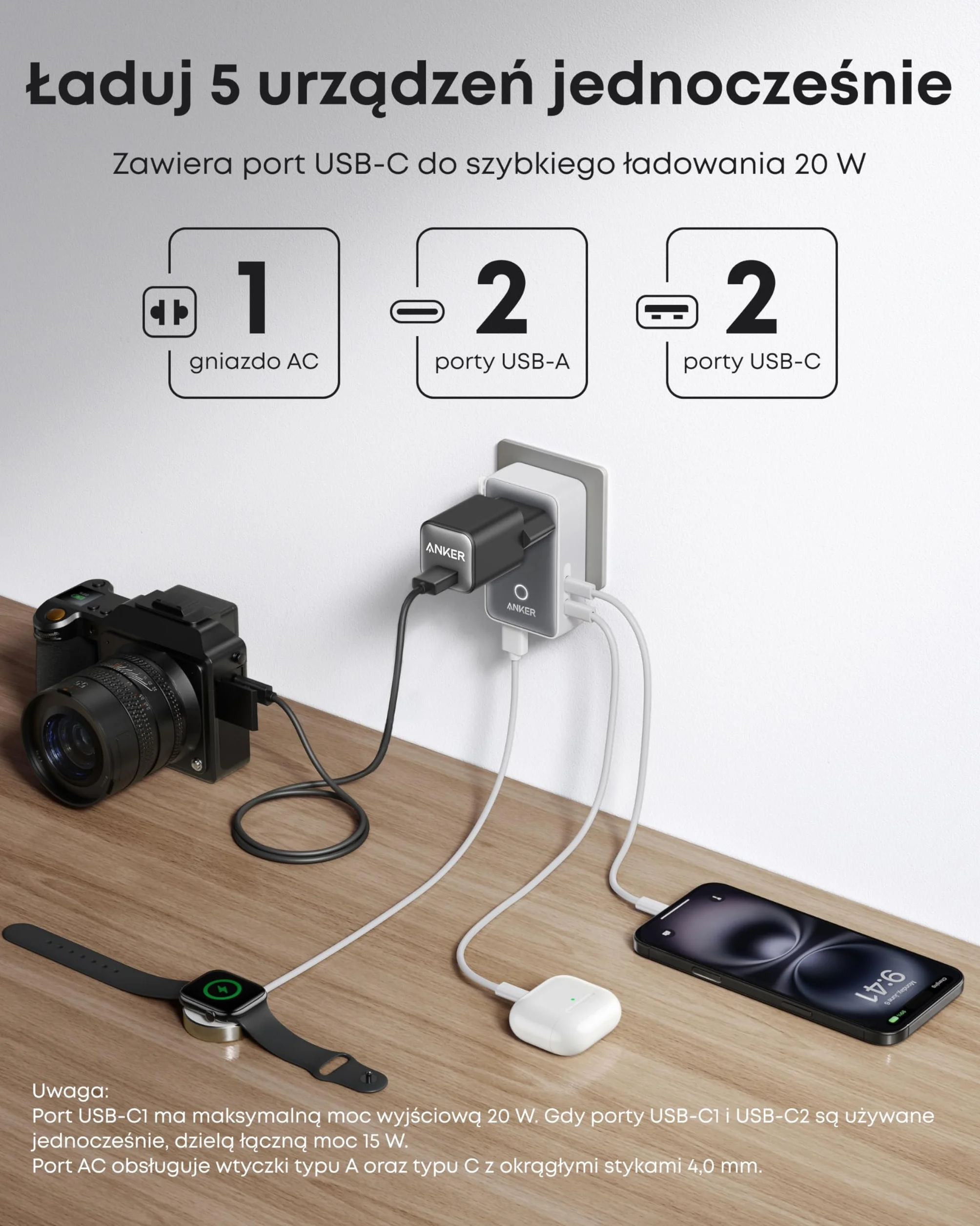 Anker Nano Travel Adapter Worldwide, uniwersalny adapter podróżny z 4 portami USB, 2 portami USB C, 2 portami USB A i 1 gniazdem AC, adapter gniazdkowy, może być używany w ponad 200 krajach