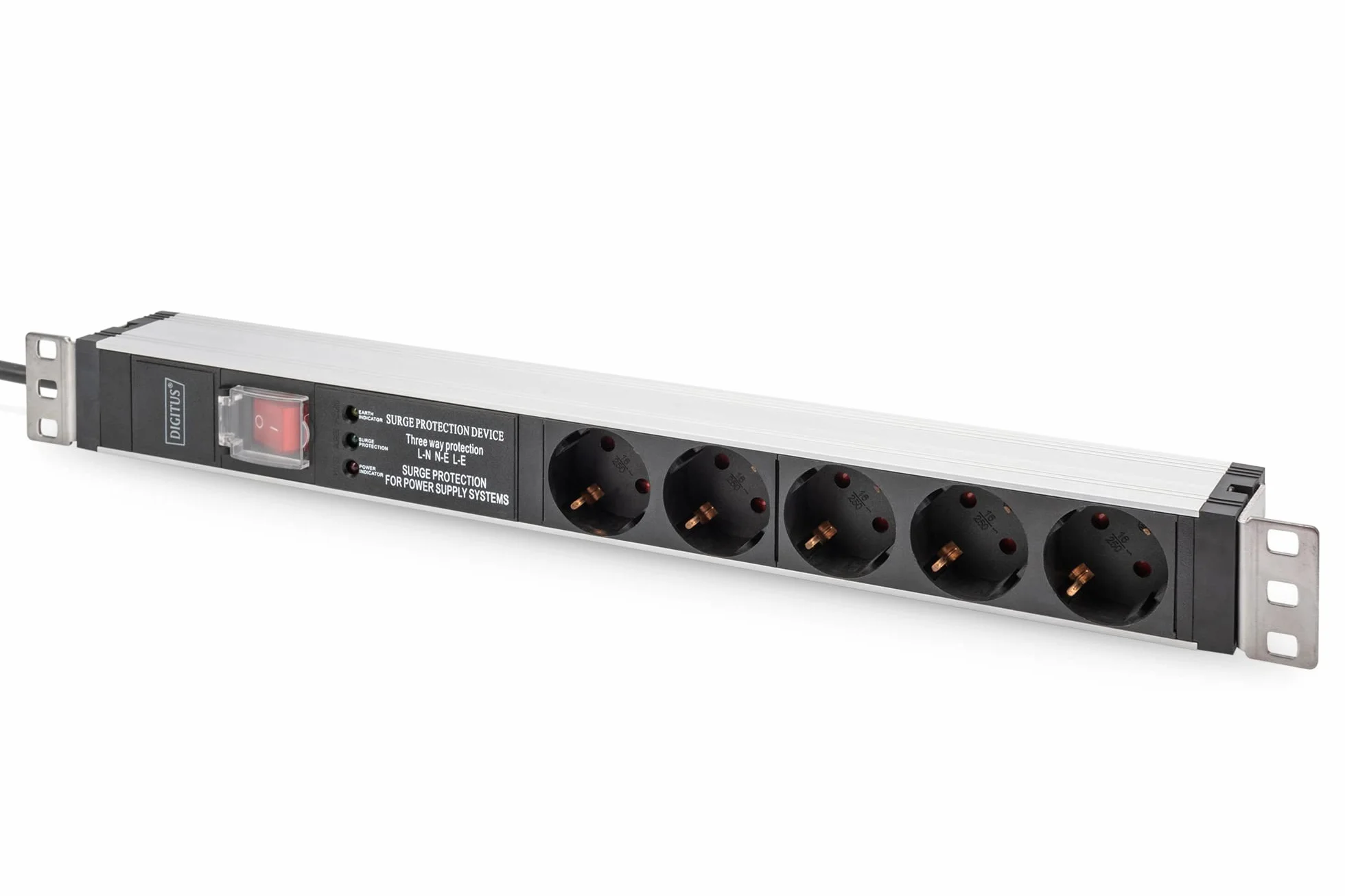 Listwa zasilająca DIGITUS 19" – 5 gniazd – 1U – z filtrem sieciowym, zabezpieczeniem przeciwprzepięciowym, wyłącznikiem – 230 V AC 50/60 Hz – 16 A – 3600 W – do szaf sieciowych i serwerowych 19”
