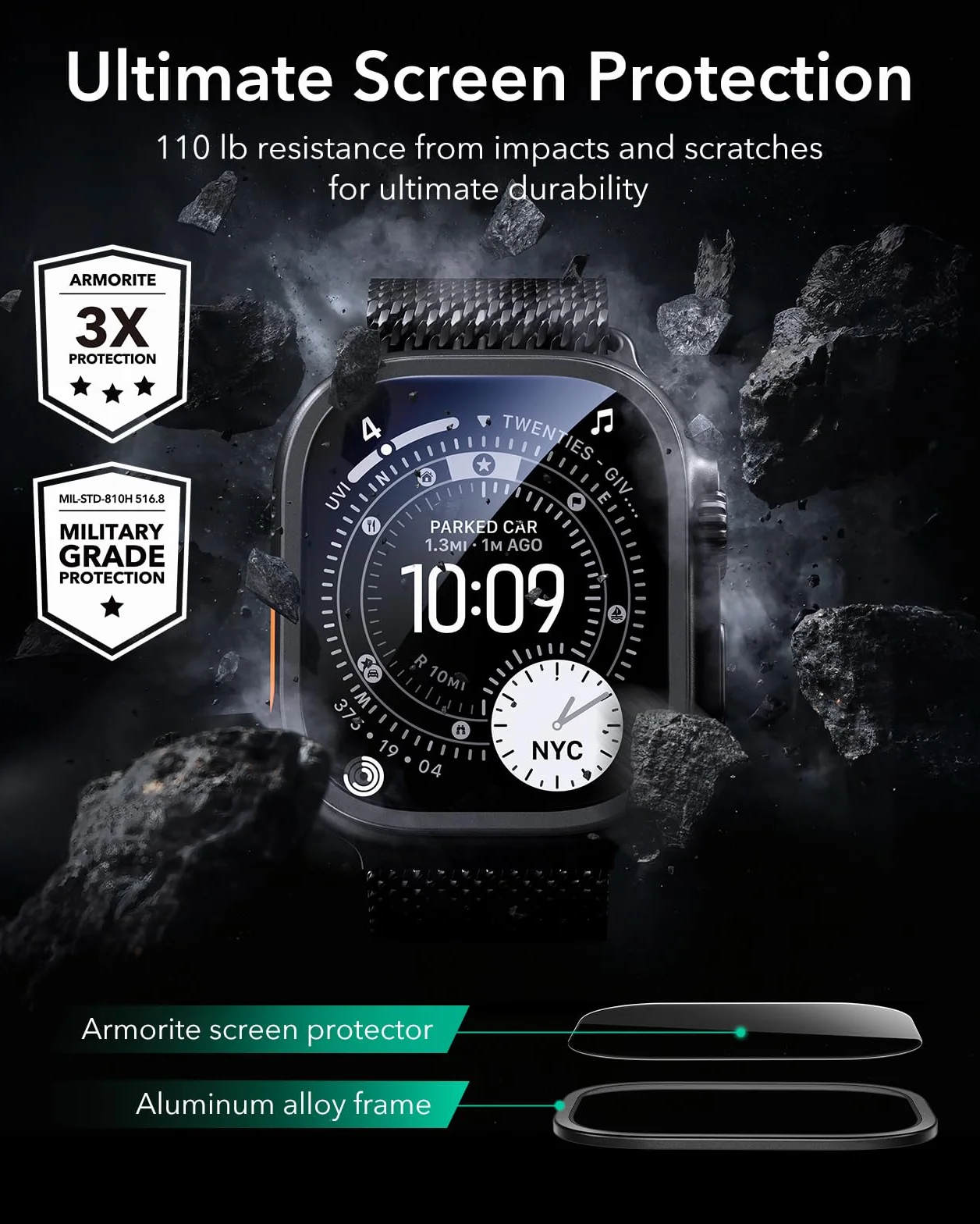 ESR Armorite Ochraniacz ekranu do Apple Watch Ultra 3 2025 / Ultra 2 / Ultra (49 mm), ochrona klasy wojskowej, folia ze szkła hartowanego z ramą ze stopu aluminium, odporna na zarysowania, 2 sztuki