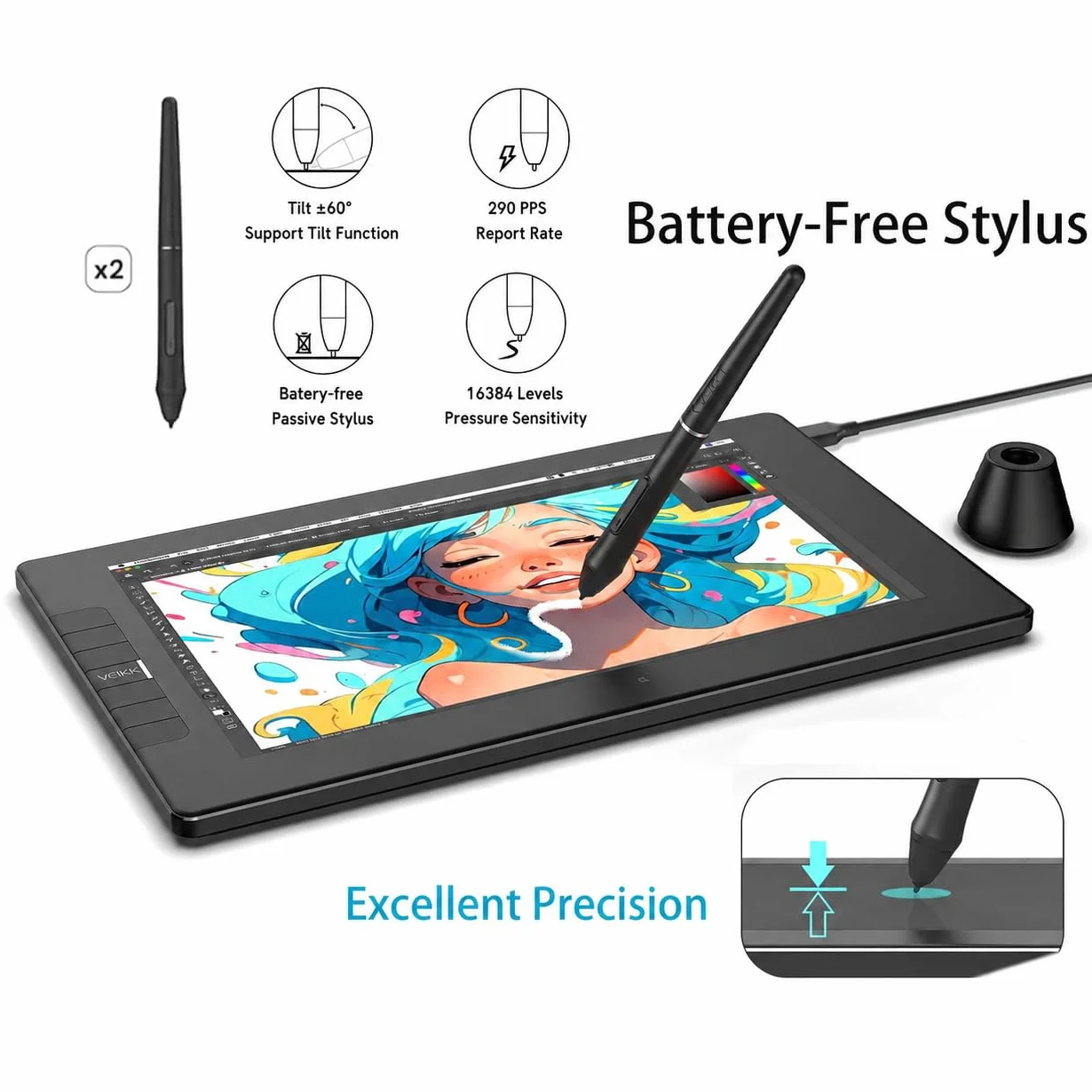 VEIKK VK1200V2 Tablet graficzny z ekranem 120% sRGB, ekran IPS Full HD, 6 klawiszy skrótów, rysik bez baterii, kompatybilny z systemami Linux / Windows / Mac 11,6"