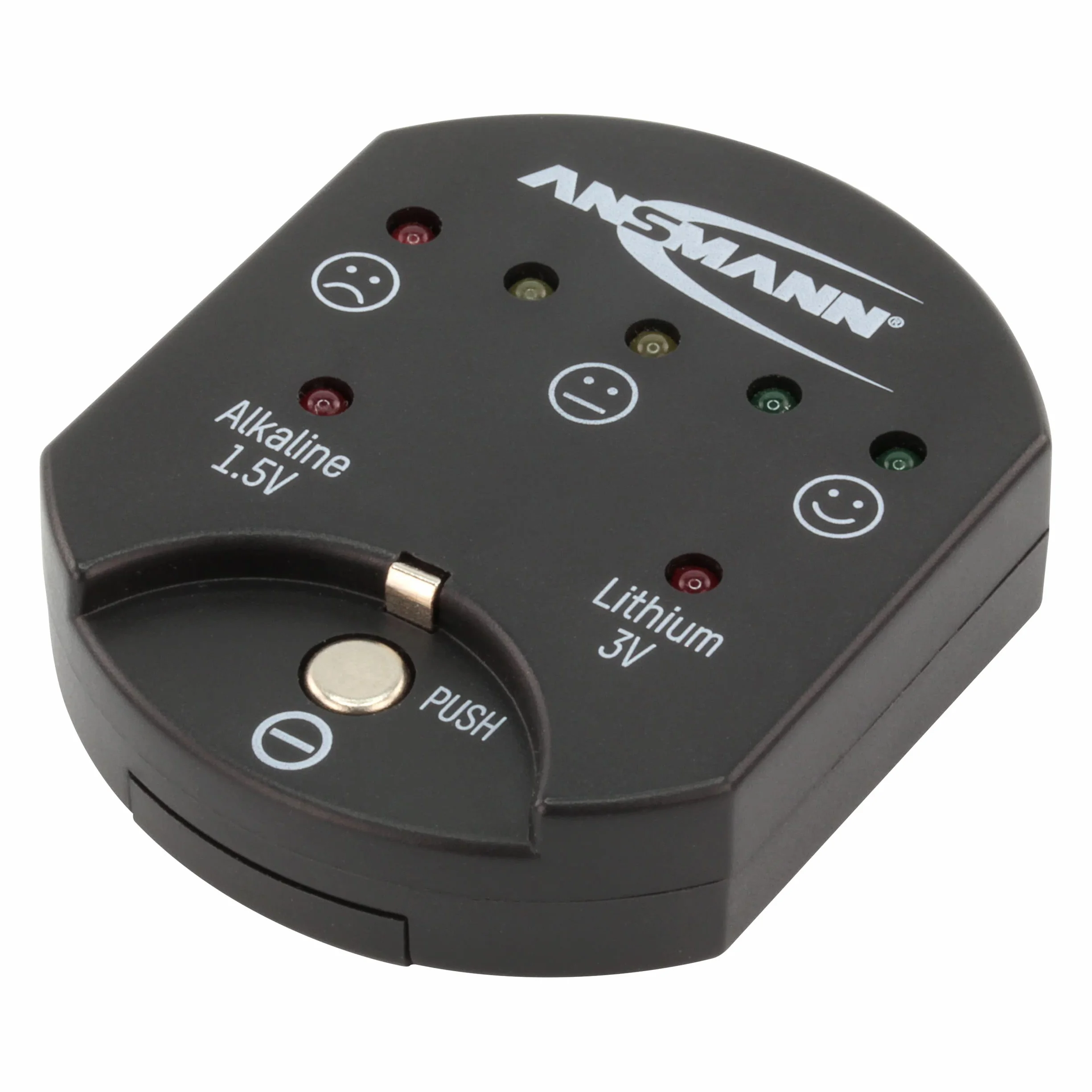 Ansmann 1900-0035 przyciskowy tester baterii z wyświetlaczem LED [opakowanie 1 szt.] Kontroler stanu baterii monet, idealny do testowania baterii alkalicznych i litowych