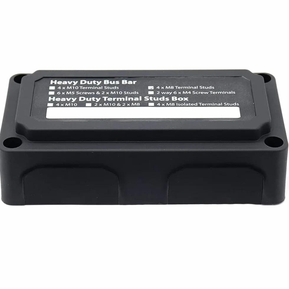 Black 300 A Bus Bar Box Heavy-Duty, moduł, blok rozdzielczy zasilania z 4 x zaciskiem śrubowym M8, blok przyłączeniowy akumulatora 12 V - 48 V DC, do samochodów morskich, solarnych