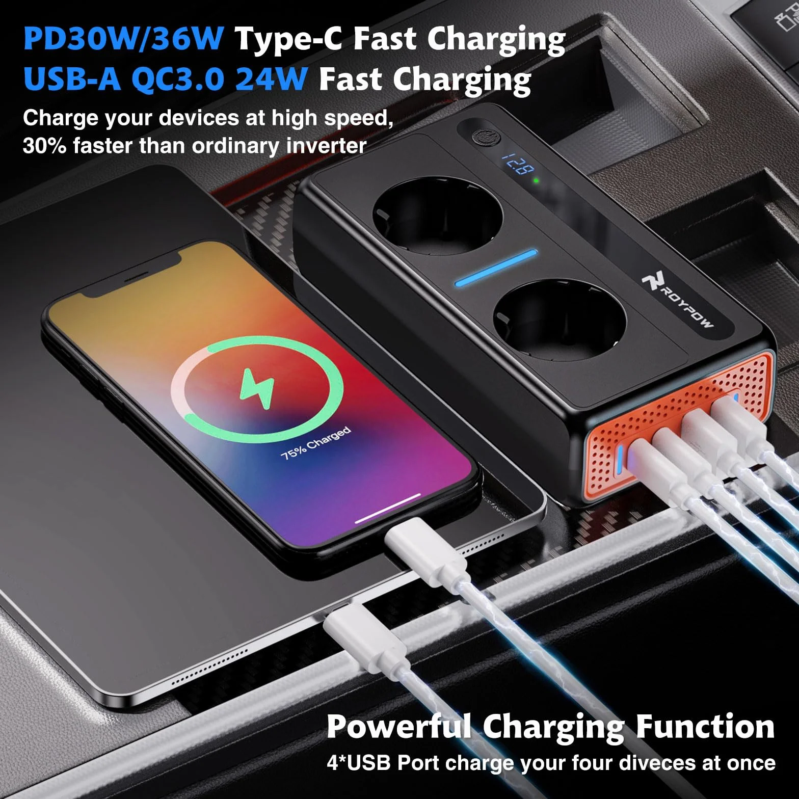 RoyPow Samochodowa przetwornica napięcia 300 W, falownik DC 12 V na AC 230 V z 2 gniazdami i 4 portami USB, szybkie ładowanie, ładowarka samochodowa z wtyczką do zapalniczki samochodowej