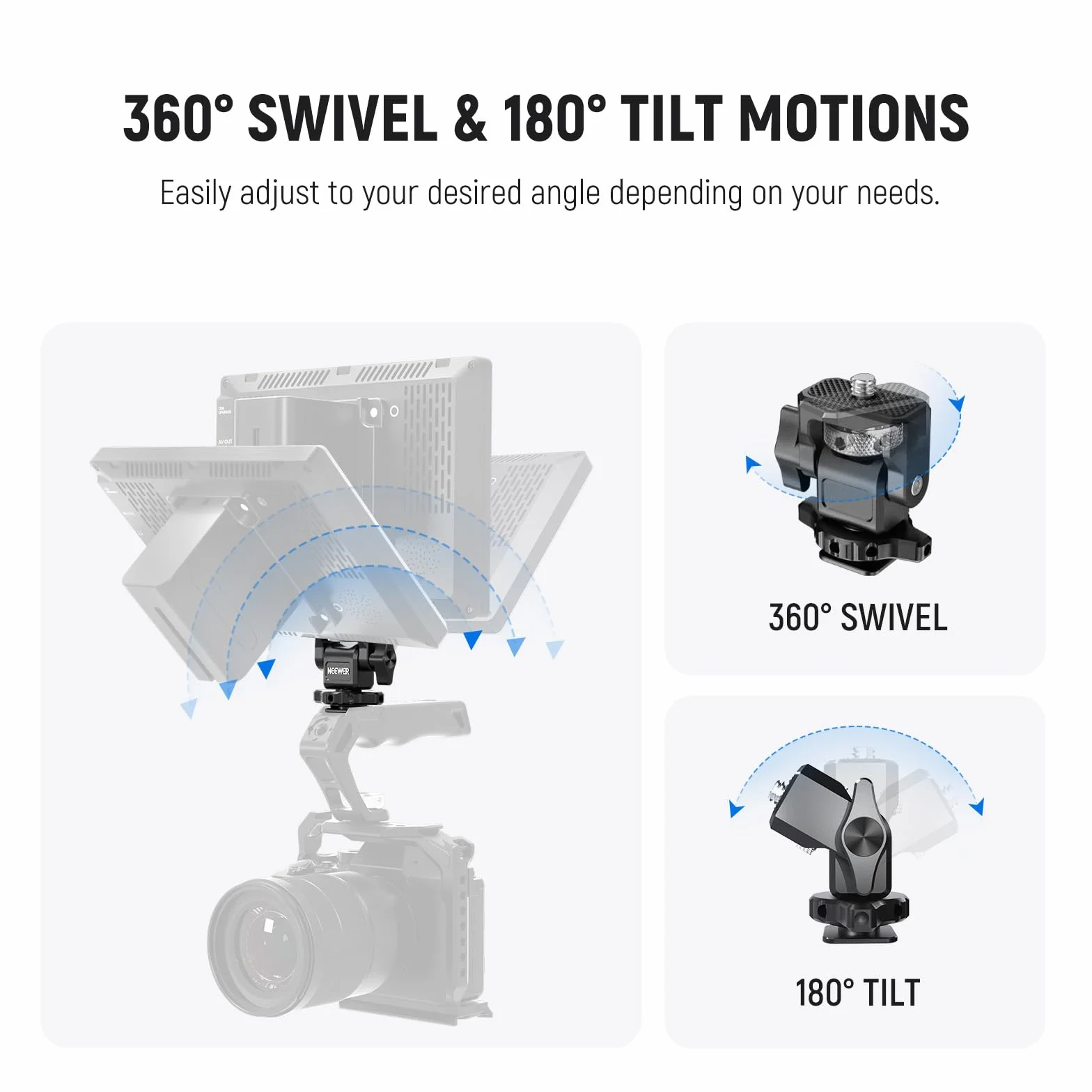 NEEWER Uchwyt na monitor terenowy z zimną stopką, śruba 1/4", kompatybilny z Atomos Ninja V, obracany 360° 180°, regulacja nachylenia