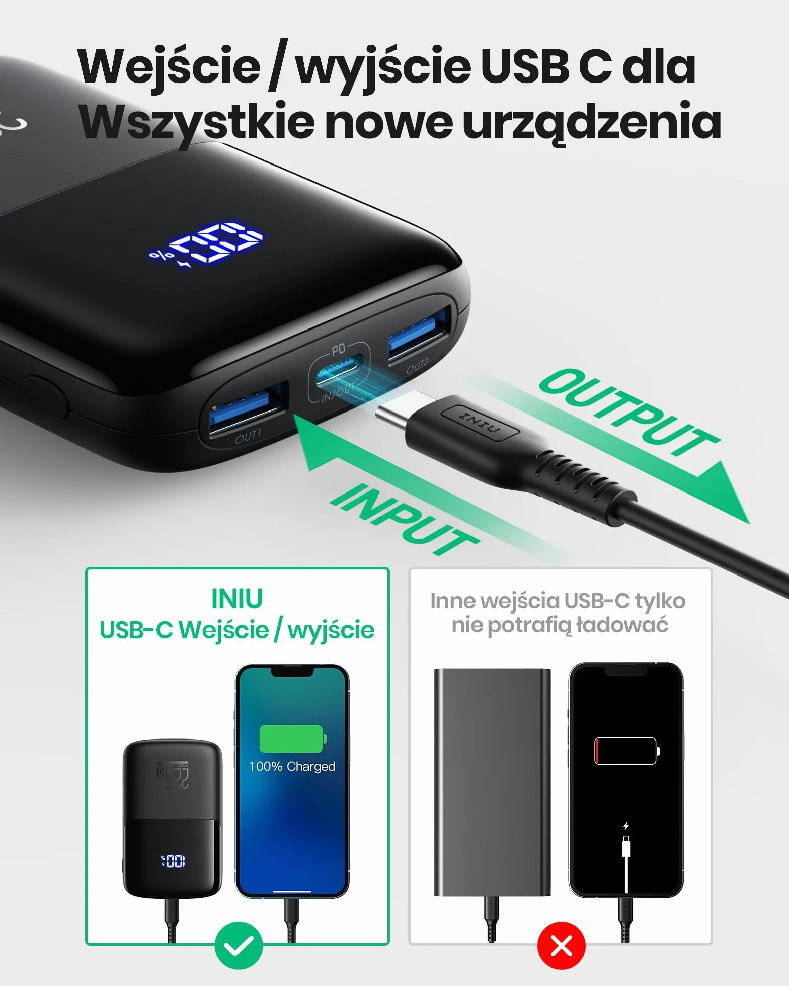 INIU Mini Power Bank 10000mAh 22.5W PD3.0 QC4.0 Szybkie Ładowanie USB-C Power Bank do iPhone Samsung Huawei
