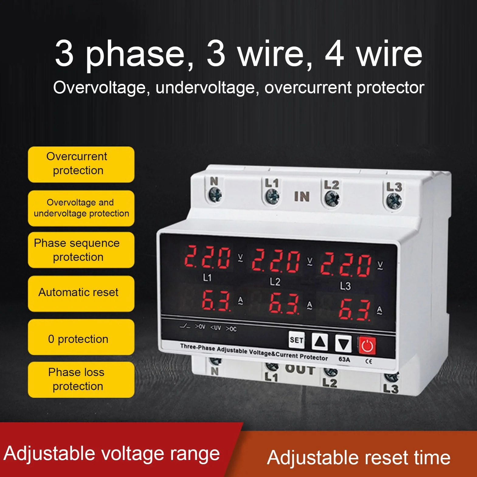 Przekaźnik Podnapięciowy 3-fazowy Regulowany AC120V-300V 63A z Woltomierzem i Amperomierzem