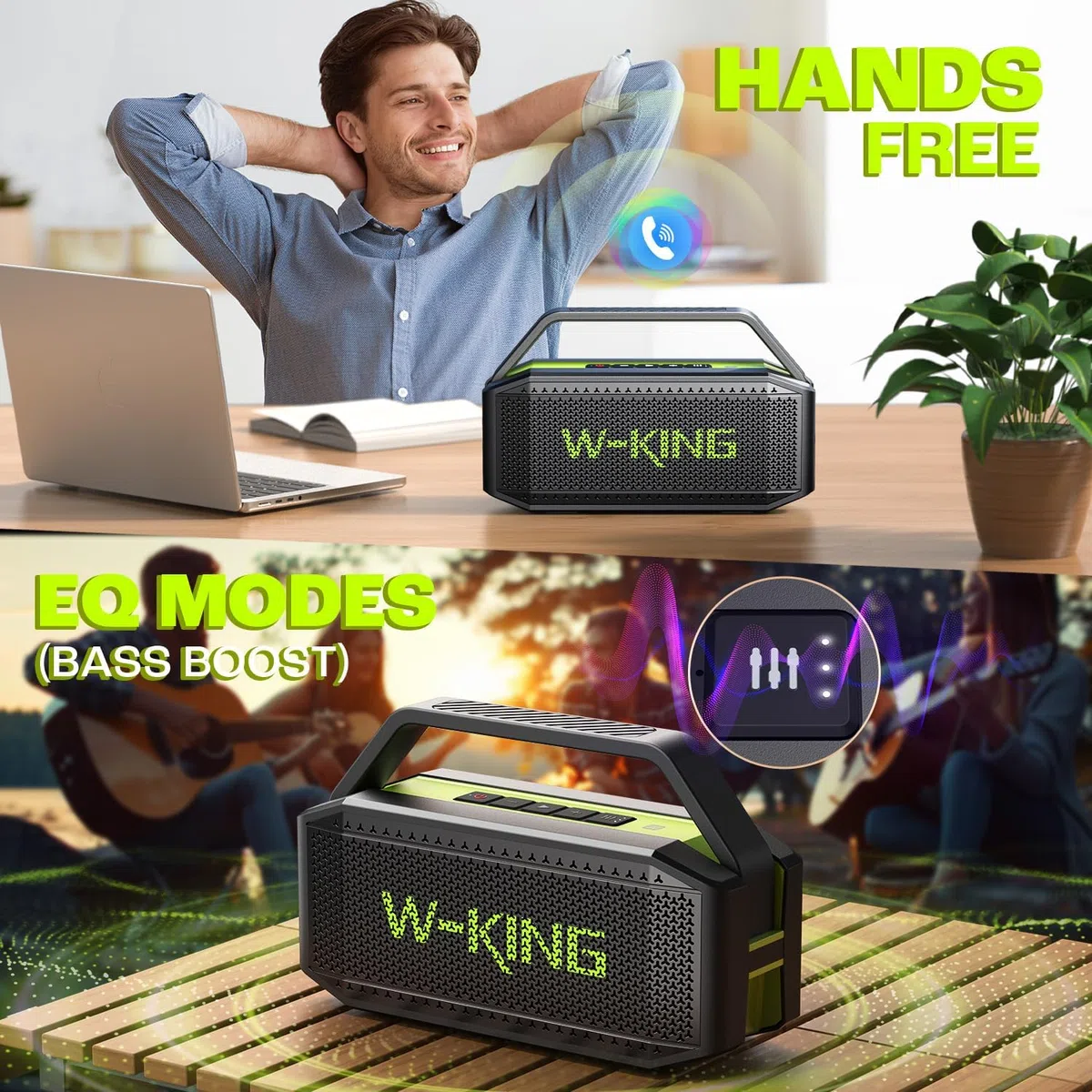 W-KING Głośnik Bluetooth, 60 W, przenośny, bezprzewodowy, wodoodporność IPX6, soczysty bas, czas odtwarzania 40 h, zewnętrzny, potężny, stereo, z funkcją powerbanku, wersja 5.0, karta TF, NFC, AUX, EQ