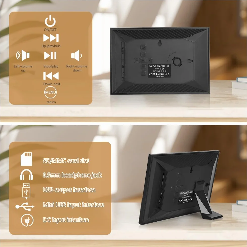 Vicloon 17,8 cm cyfrowa ramka na zdjęcia, HD ekran IPS, odtwarzacz zdjęć/muzyki/wideo/kalendarz/alarm, z pilotem zdalnego sterowania, obsługa kart USB/SD, możliwość montażu na ścianie (bez WiFi)