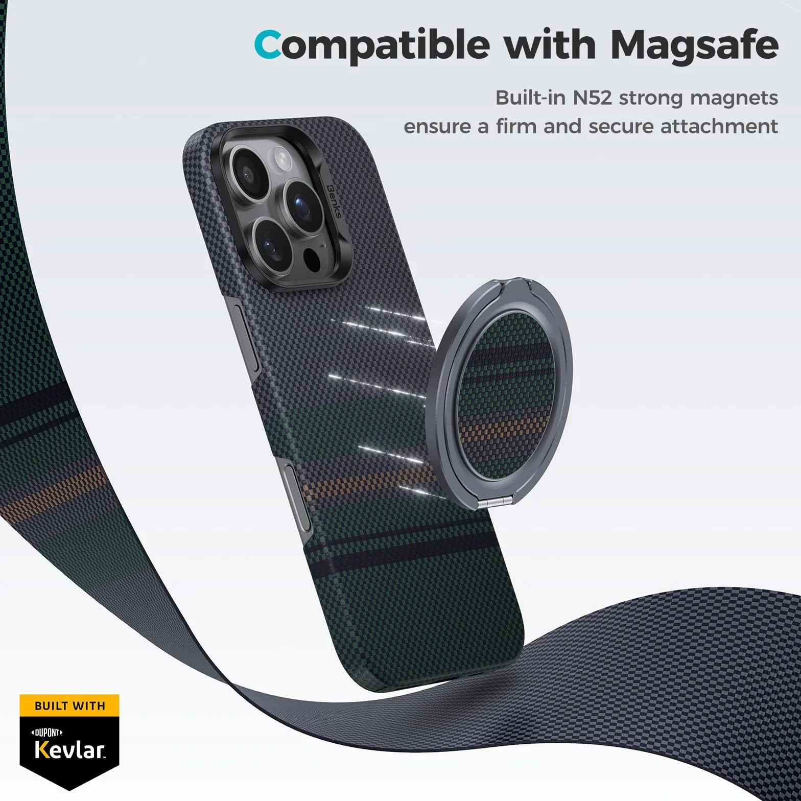BENKS Magnetyczny pierścień do telefonu kompatybilny z MagSafe, stojak i uchwyt 2 w 1, obrót 360°, uchwyt 180°, pierścień kevlarowy z paskiem, ergonomiczny uchwyt do iPhone'a 17/16/15/14/13/12 Pro Max
