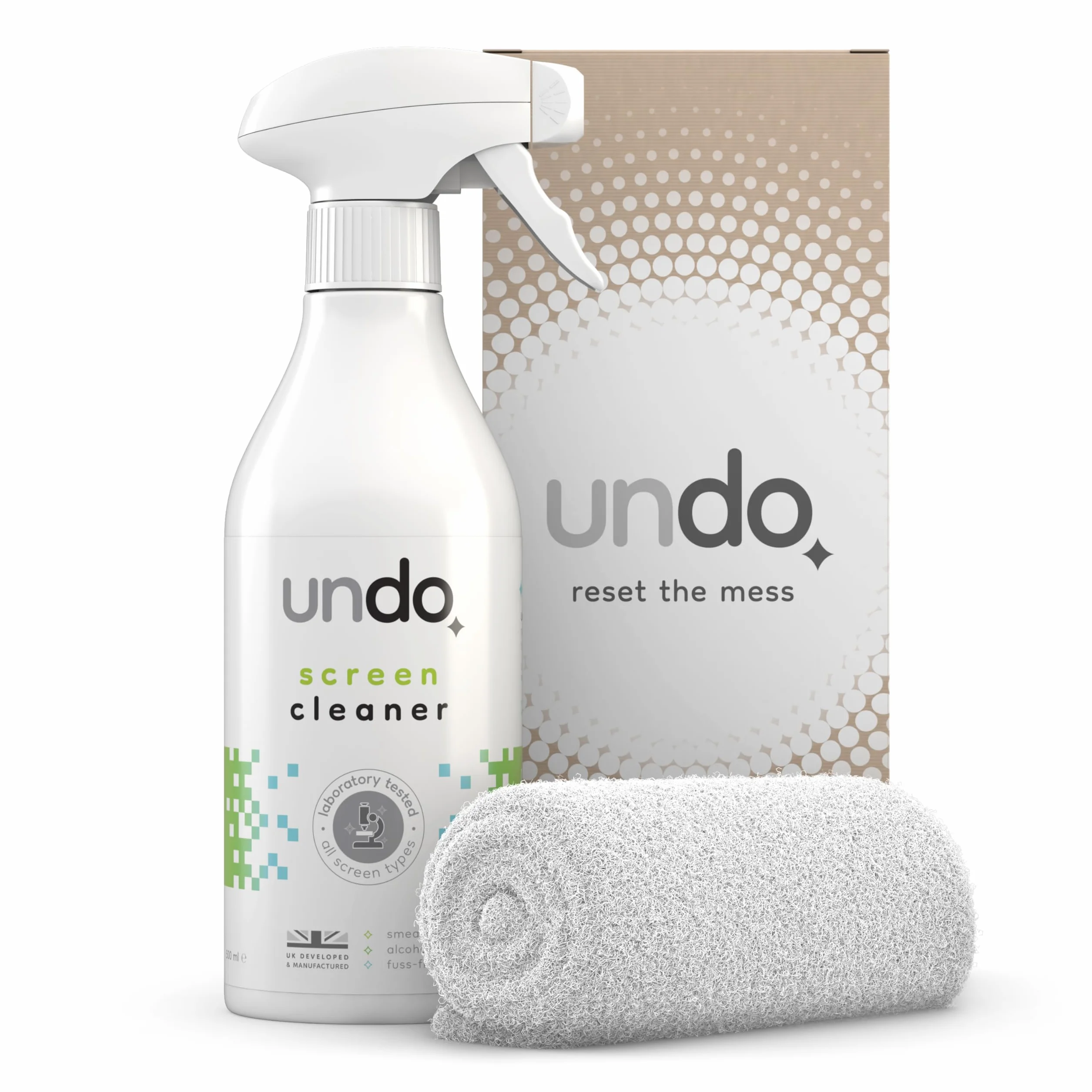 UNDO Zestaw do czyszczenia ekranu – środek do czyszczenia ekranu ze ściereczką z mikrofibry, 500 ml, zestaw do czyszczenia iPhone'a, iPada, laptopa, ekranu dotykowego, LCD, LED, telewizora OLED