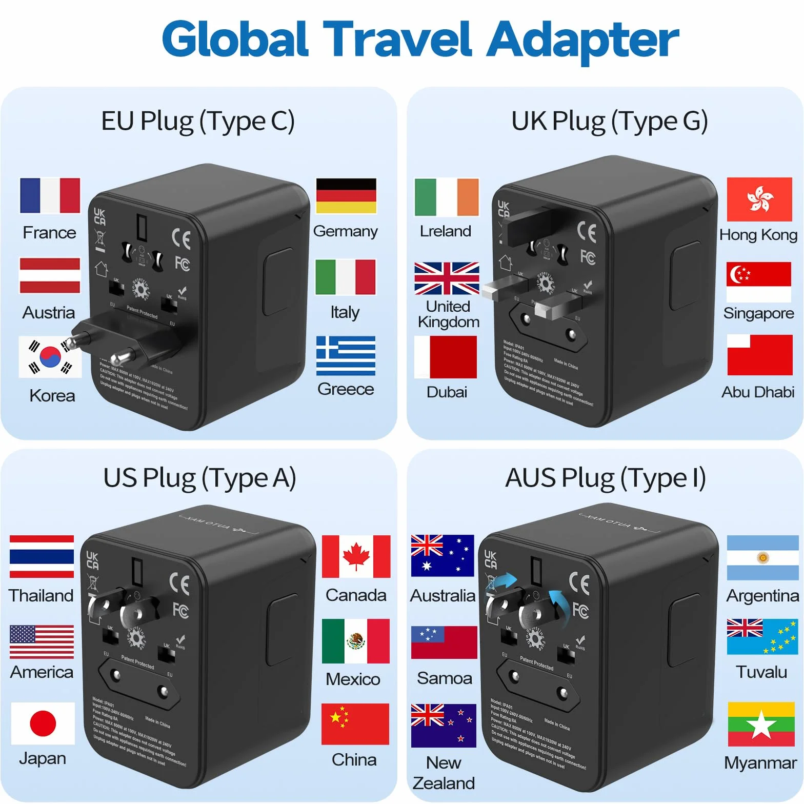 Uniwersalny adapter podróży na całym świecie z 2 portami USB-C i 2 portami USB-A, międzynarodowy adapter wtyczki,wtyczka podróżna adapter na całym świecie do USA, Anglii, Australii