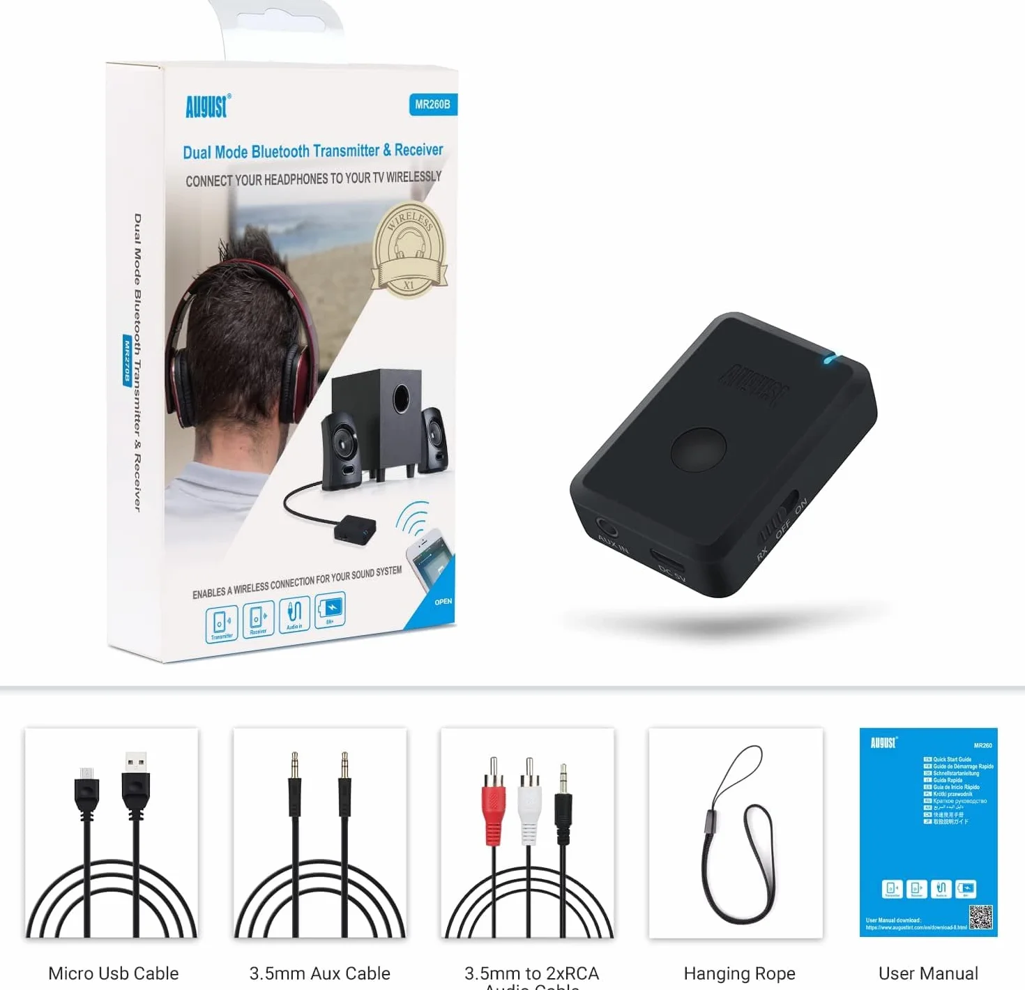 August MR260 – Nadajnik i odbiornik Bluetooth, 3,5 mm AUX –Bezprzewodowy, wbudowana bateria, telewizora,z połączeniem o niskim opóźnieniu 40 ms, zapewnia do 10 godzin pracy na baterii–czarny
