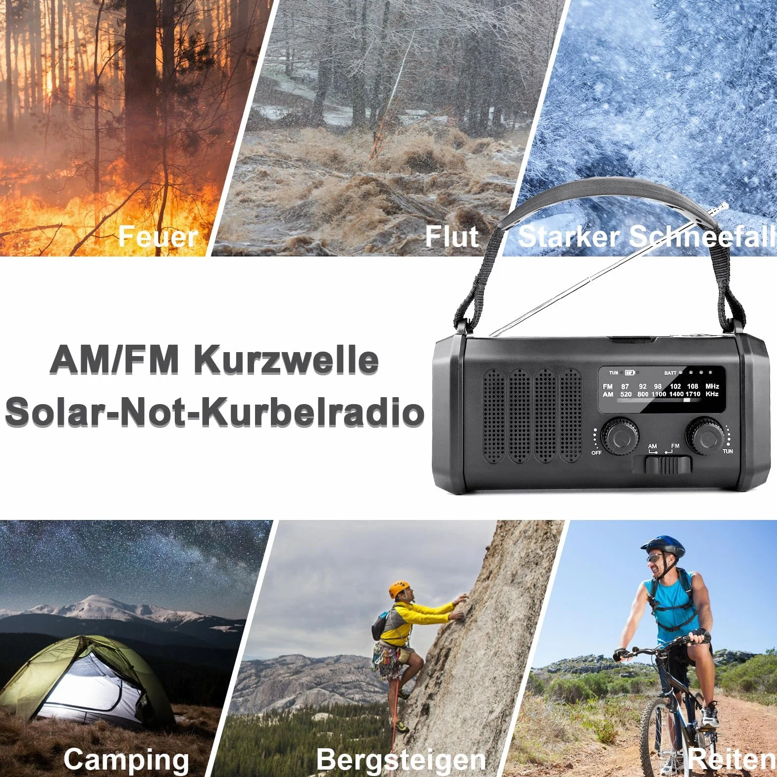 Radio Korbowe 20000mAh Akumulator Ładowalne AM/FM Przenośne Solarne Dynamo Latarka LED Alarm SOS Kompas Czarny