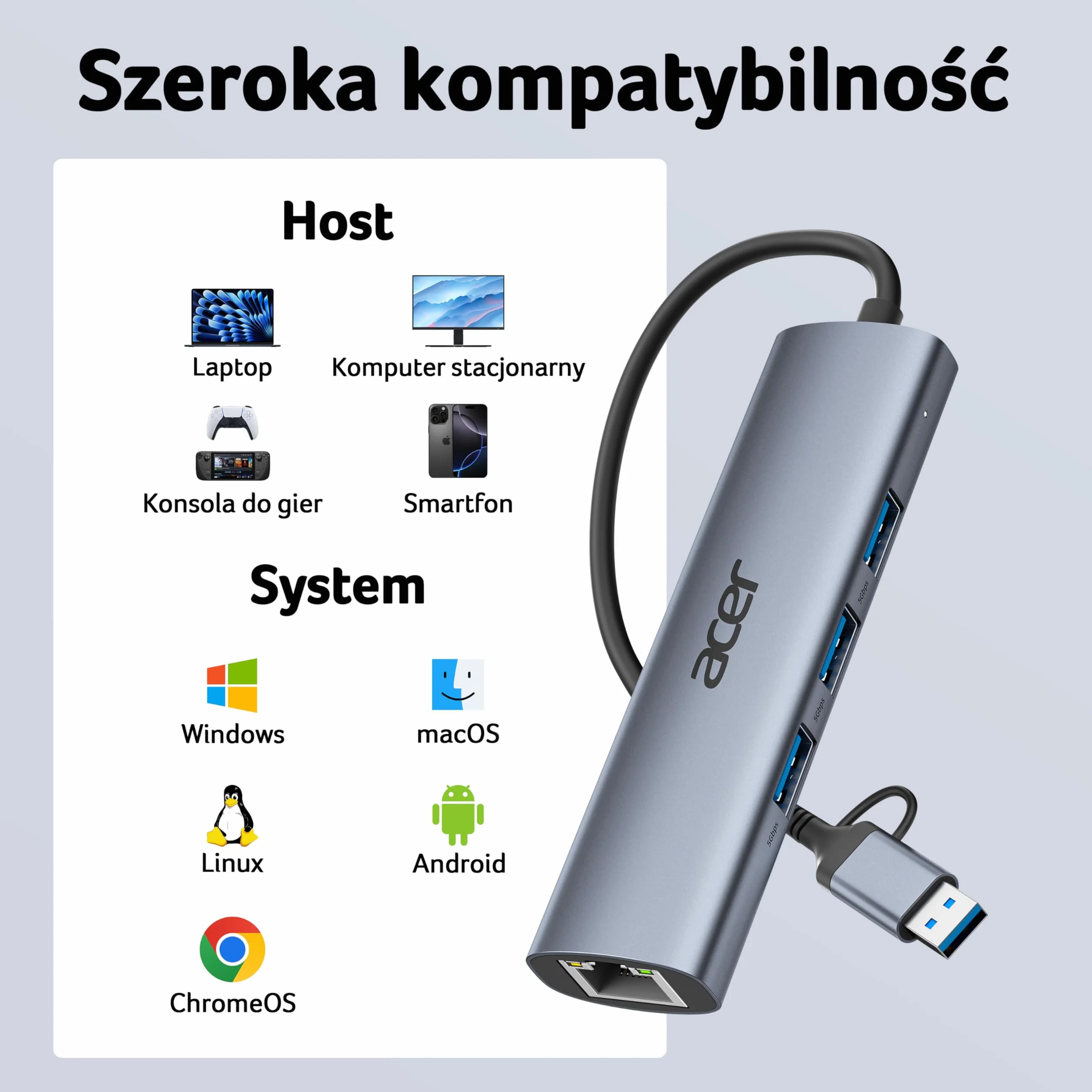 Acer Adapter Ethernet USB C, koncentrator USB A/C z 3 USB 3.0 5Gbps & LAN RJ45 1Gbps, [Bez drivera, Aluminiowy] Adapter USB do sieci dla laptopów, MacBook Pro, iPad, iPhone 16, Samsung, XPS, Myszy