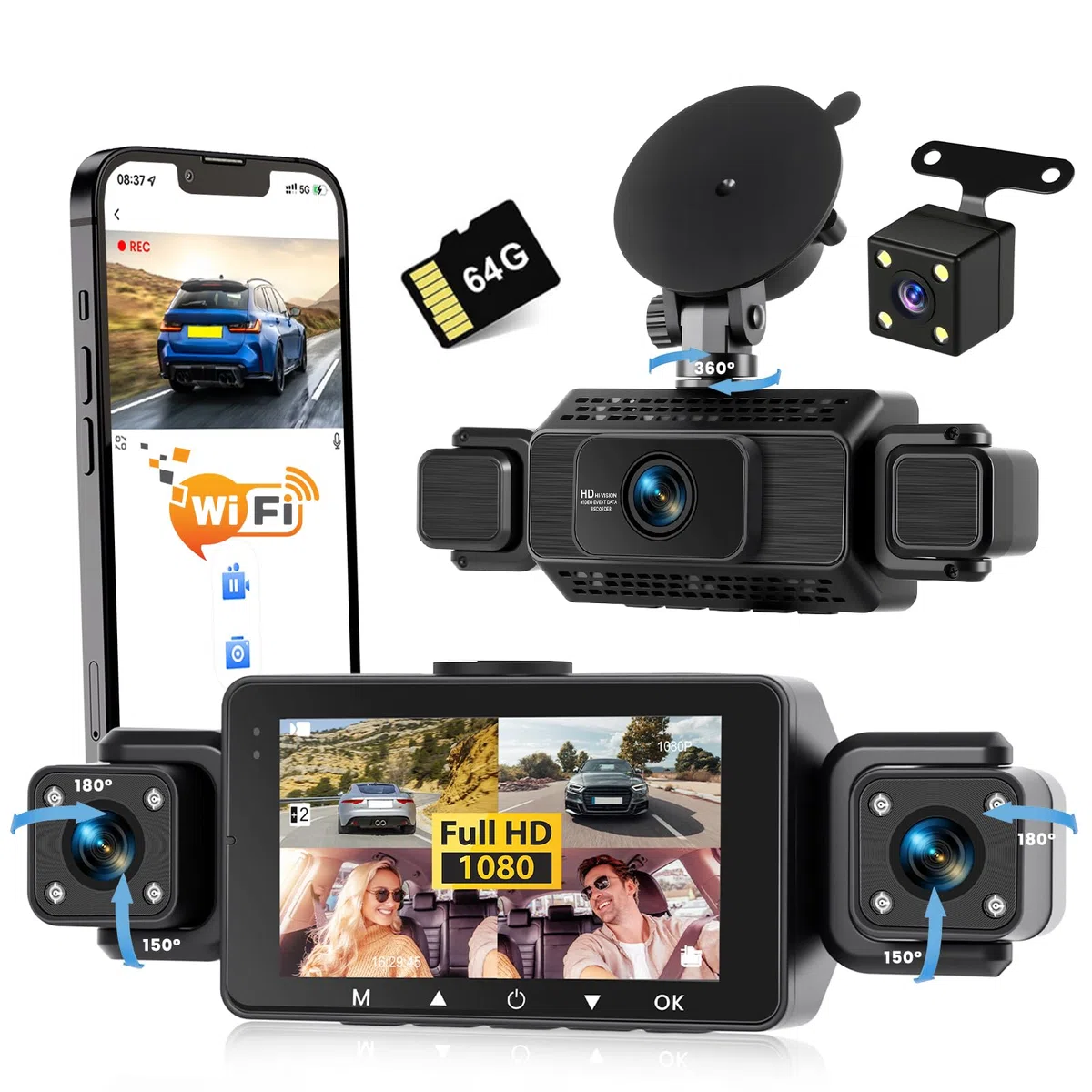 4-kanałowa kamera samochodowa na deskę rozdzielczą, przód i tył, 1080p, WiFi, kamera samochodowa z kartą SD 64 GB, ekran IPS 3", szeroki kąt, widoczność w nocy IR 8, czujnik G, kamera samochodowa z