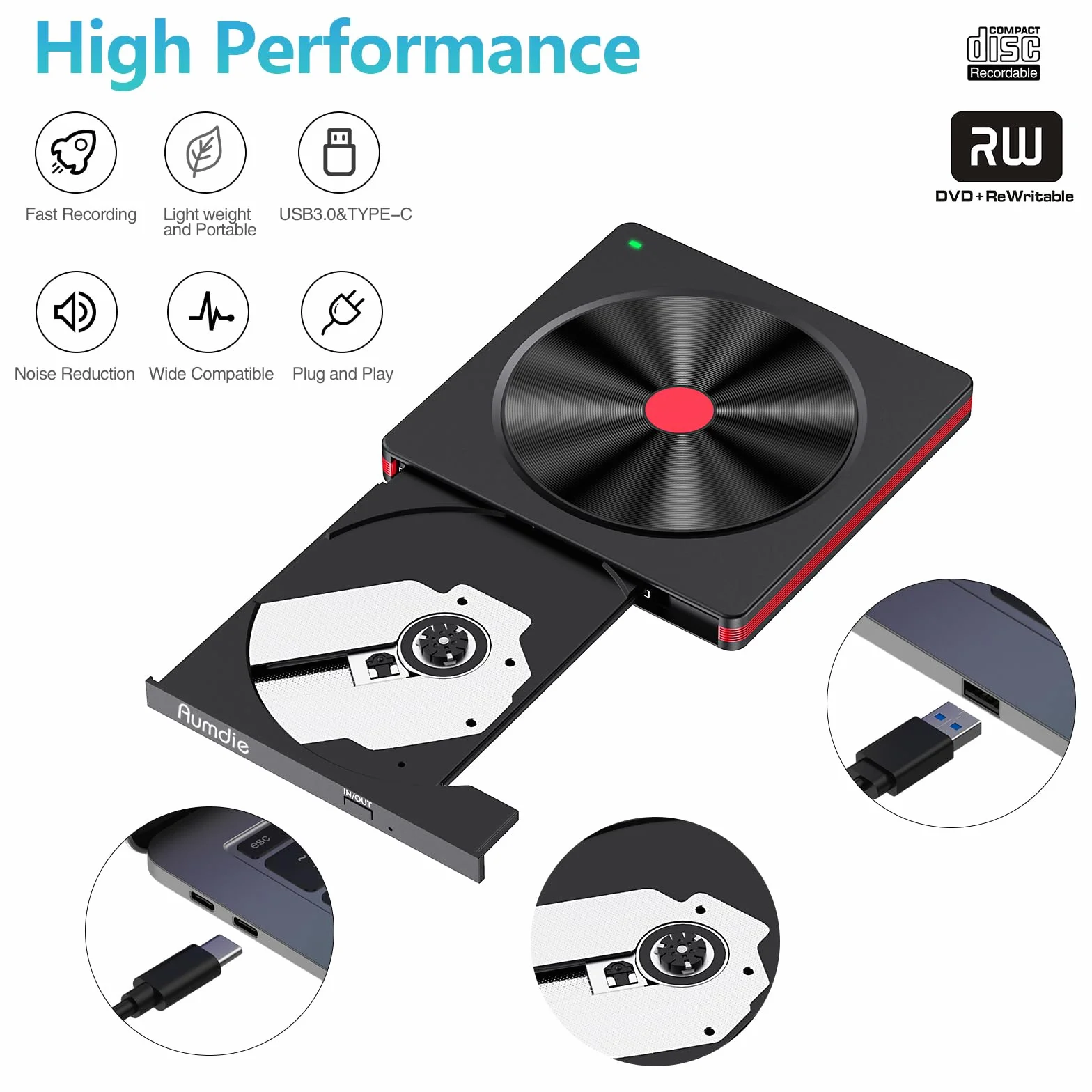 Zewnętrzny napęd DVD, USB 3.0 CD/DVD, zewnętrzny napęd CD USB C, zewnętrzny napęd CD do laptopów, PC, zewnętrzny nagrywarka CD DVD i odtwarzacz do Windows 11/10/8.1/7/XP/Vista, Linux, komputer