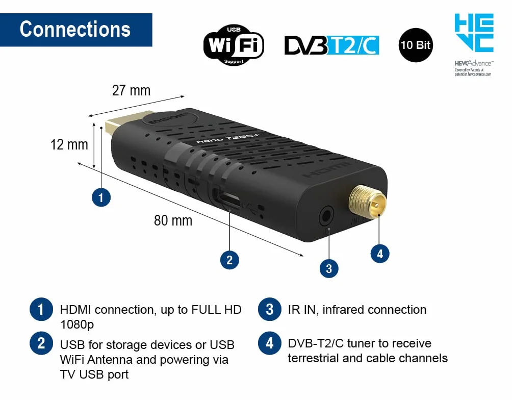 EDISION NANO T265+ Dekoder DVB-T2/C H.265 FTA Full HD PVR USB HDMI WiFi