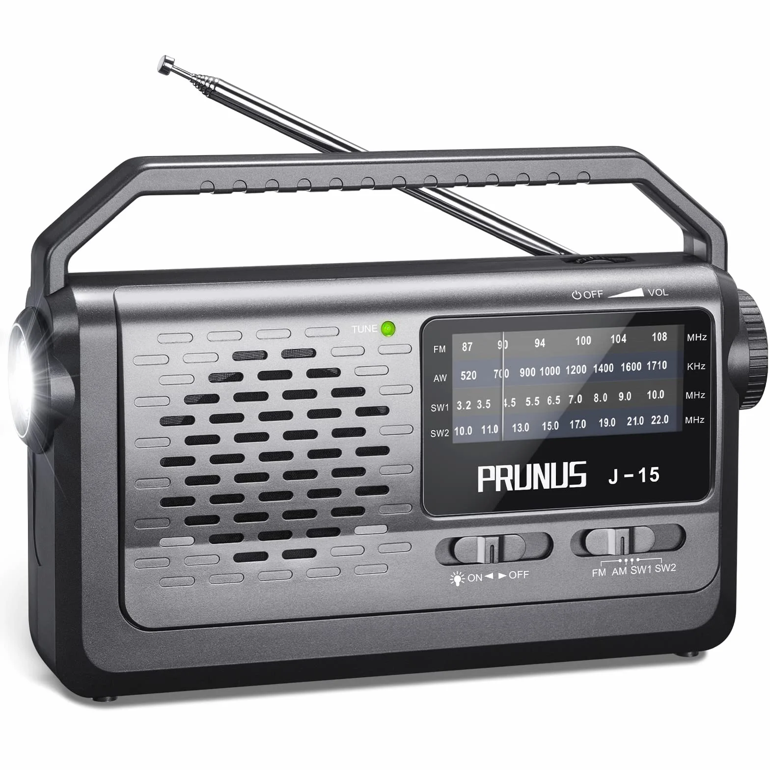 PRUNUS J-15 radio walizkowe, odbiornik światowy, radio UKW/FM/AM/SW, przenośne radio zasilane bateriami lub prądem AC, małe radio z kablem, duży głośnik 3 W, latarka w sytuacjach awaryjnych.
