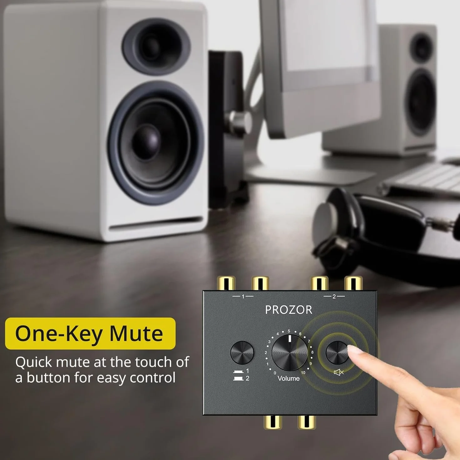 PROZOR Przełącznik audio stereo RCA 2 (1)-w-1(2)-wyjście dwukierunkowy przełącznik audio stereo R/L z przyciskiem wyciszenia i nie wymaga zasilania zewnętrznego